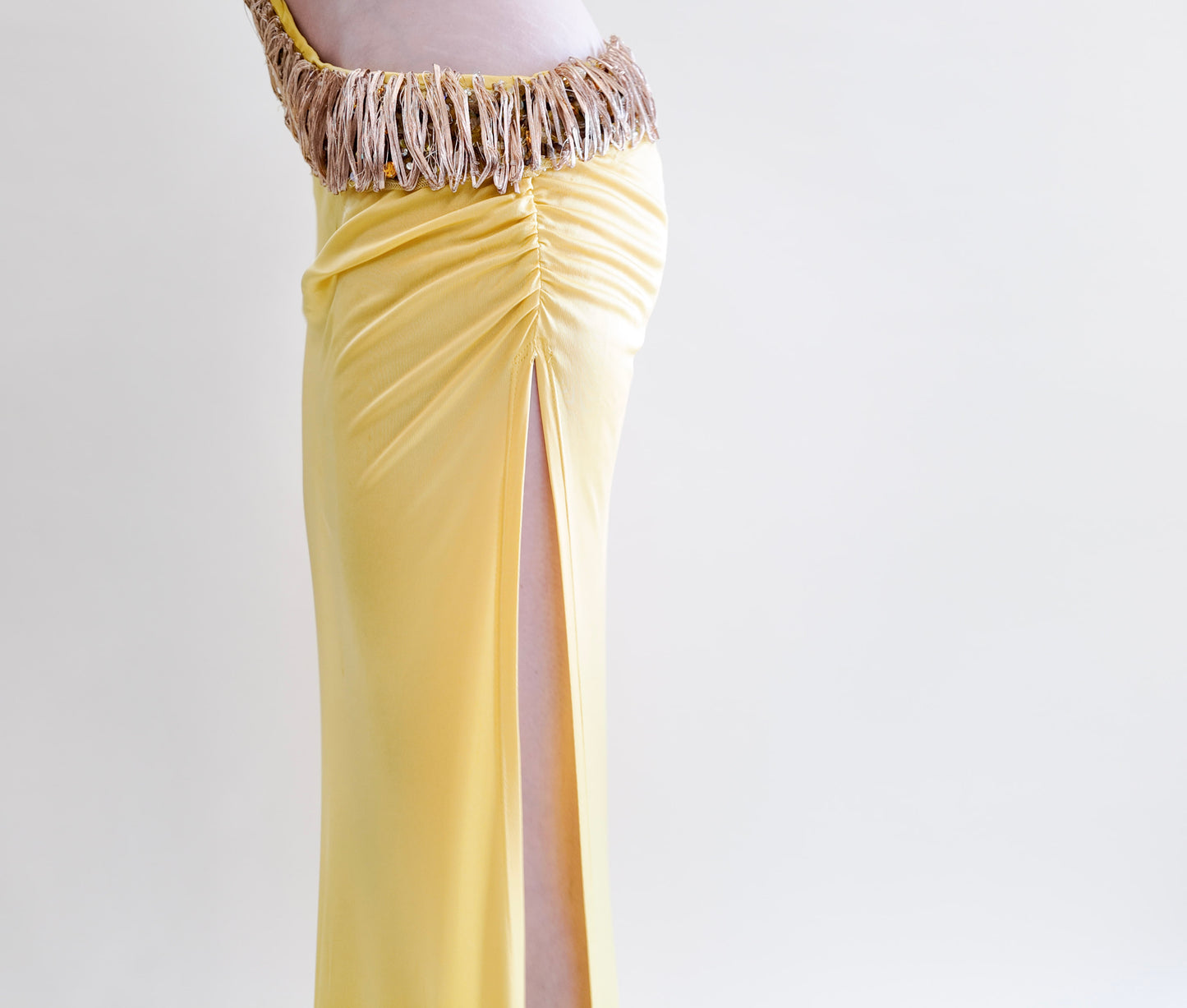 Vintage Roberto Cavalli Spring 2005 Documented Runway Yellow Cut Out Gown with Gold Thread Trim and Jeweled Detail