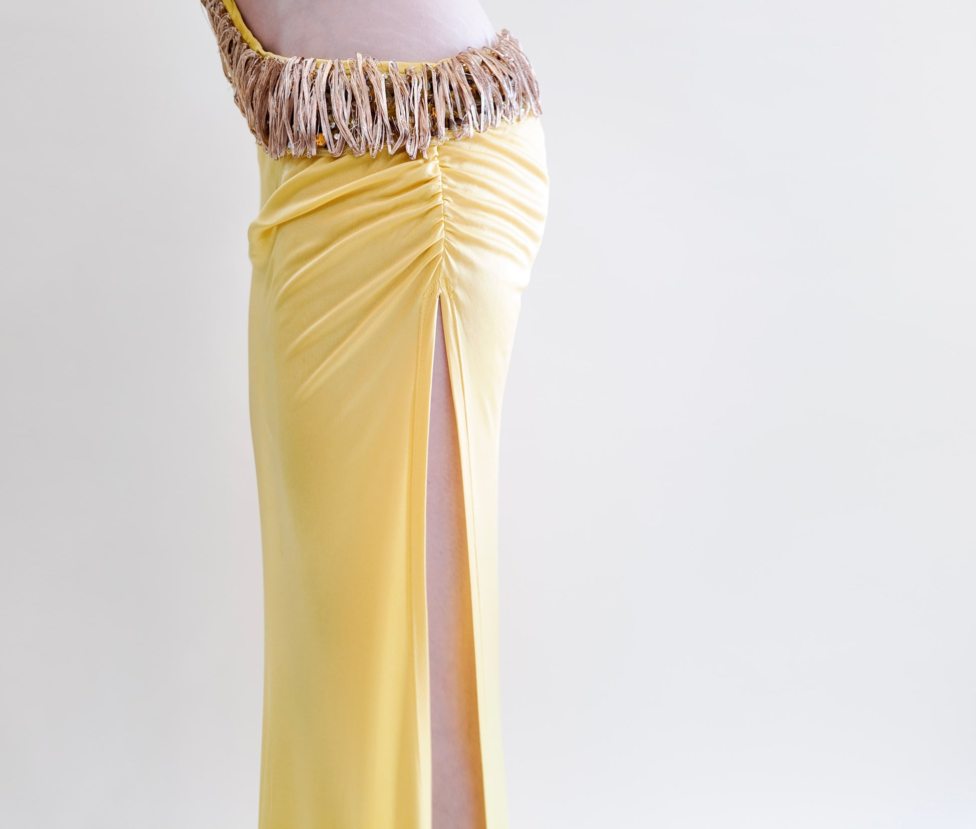 Vintage Roberto Cavalli Spring 2005 Documented Runway Yellow Cut Out Gown with Gold Thread Trim and Jeweled Detail - The Kit Vintage