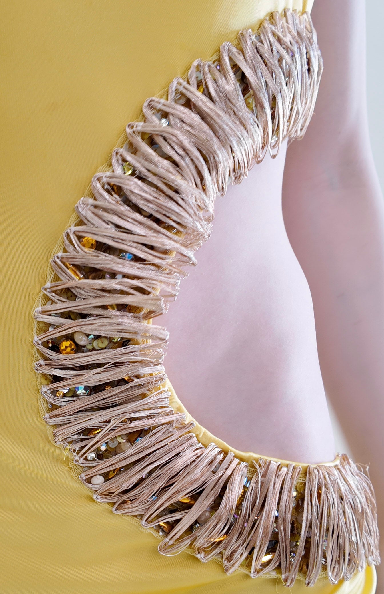 Vintage Roberto Cavalli Spring 2005 Documented Runway Yellow Cut Out Gown with Gold Thread Trim and Jeweled Detail