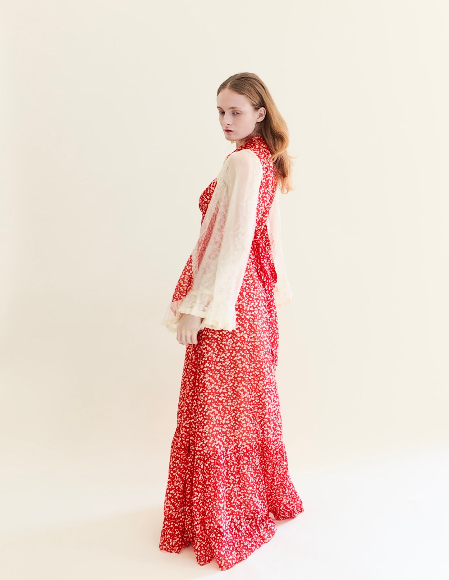 Vintage Gunne Sax Red Cherry Print Lace Bell Sleeve Prairie Dress