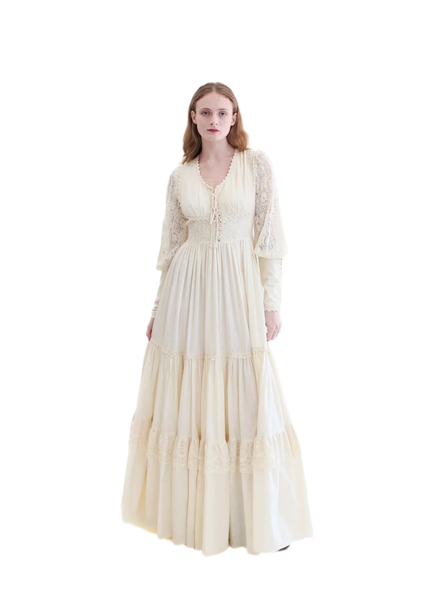 Vintage Gunne Sax White Corset Long Balloon Sleeve Dress with Lace - The Kit Vintage