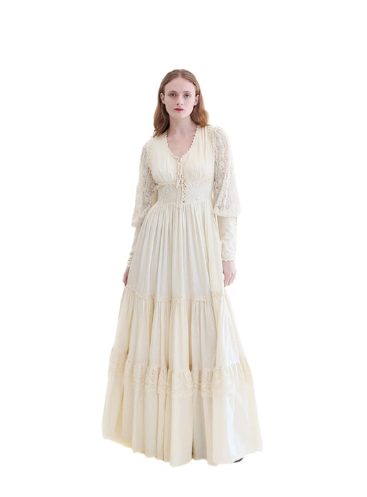 Vintage Gunne Sax White Corset Long Balloon Sleeve Dress with Lace - The Kit Vintage