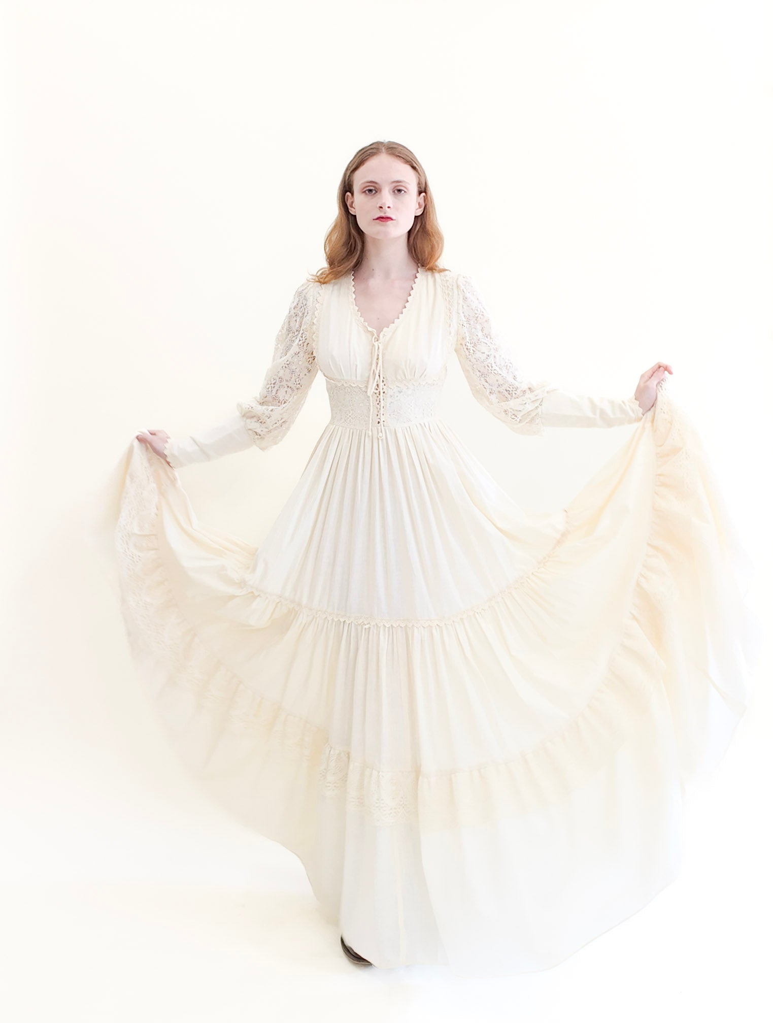 Vintage Gunne Sax White Corset Long Balloon Sleeve Dress with Lace - The Kit Vintage