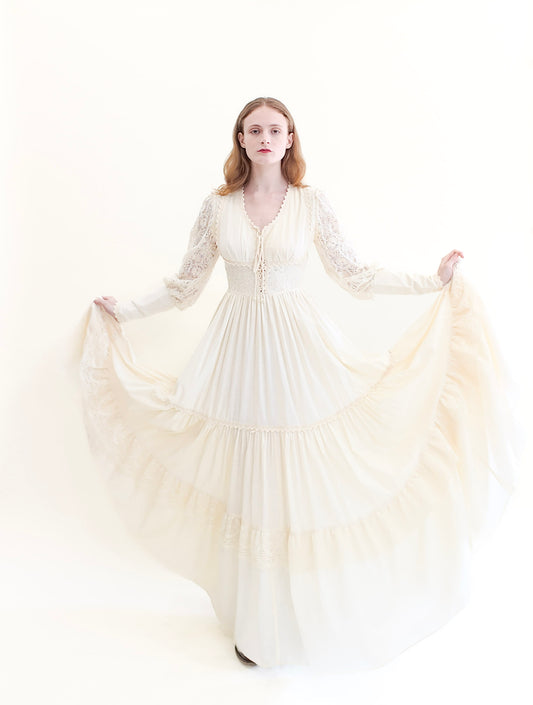 Vintage Gunne Sax White Corset Long Balloon Sleeve Dress with Lace - The Kit Vintage