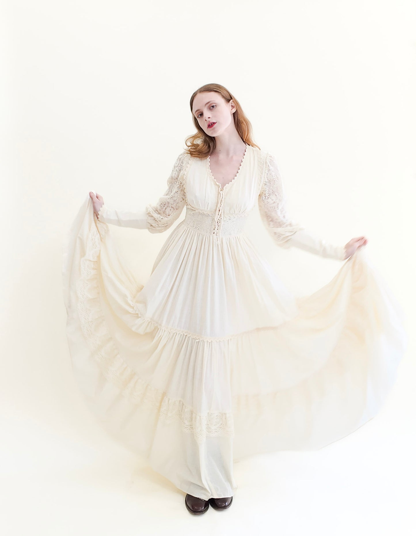 Vintage Gunne Sax White Corset Long Balloon Sleeve Dress with Lace