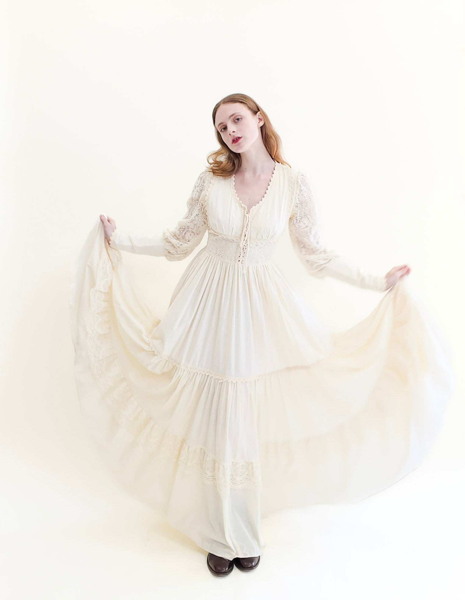 Vintage Gunne Sax White Corset Long Balloon Sleeve Dress with Lace - The Kit Vintage