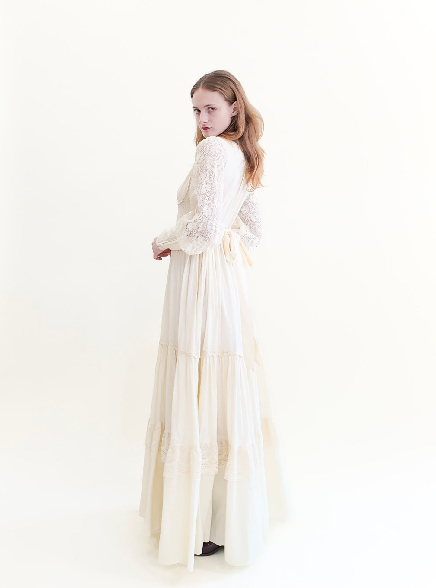 Vintage Gunne Sax White Corset Long Balloon Sleeve Dress with Lace