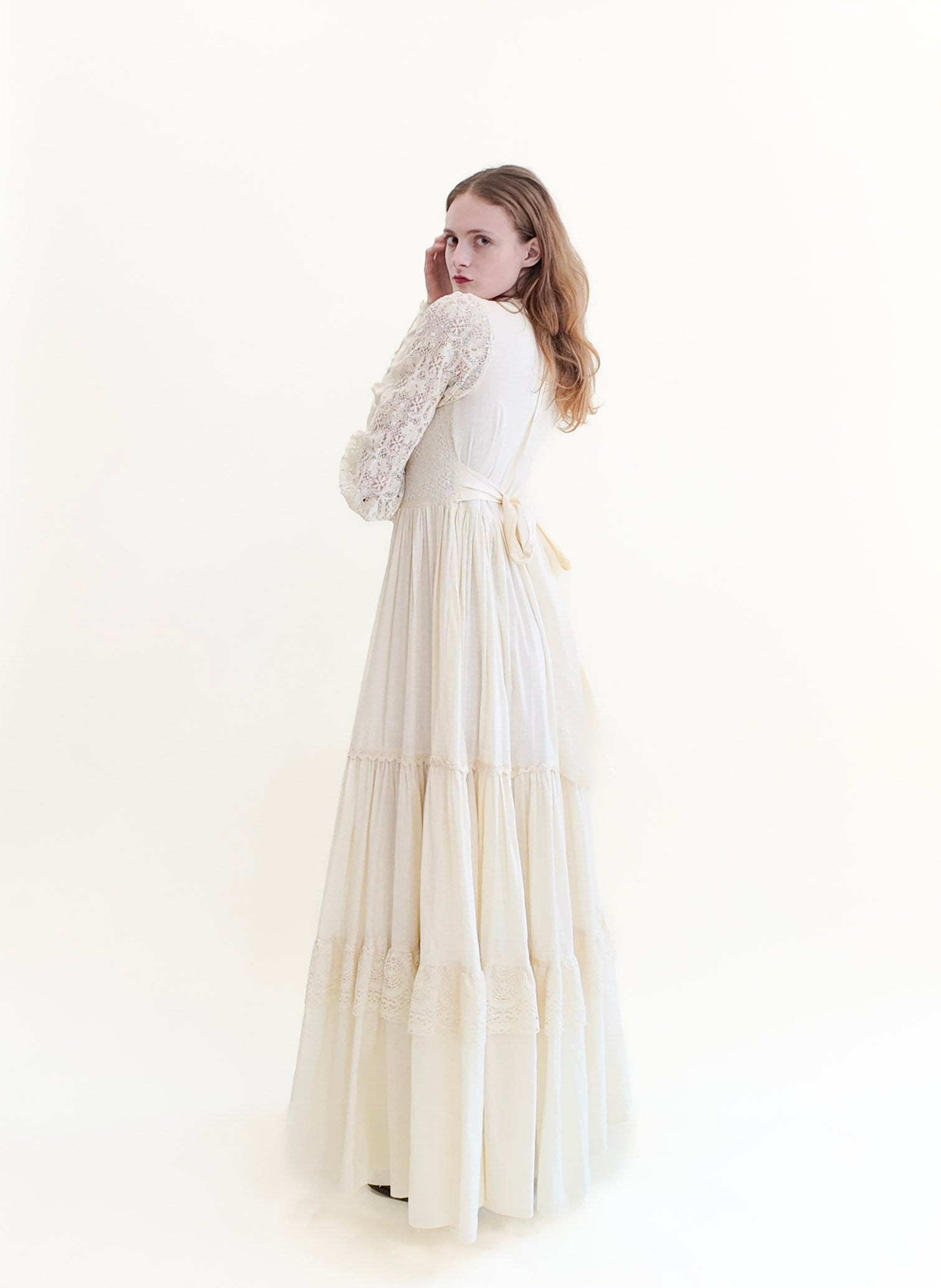 Vintage Gunne Sax White Corset Long Balloon Sleeve Dress with Lace - The Kit Vintage