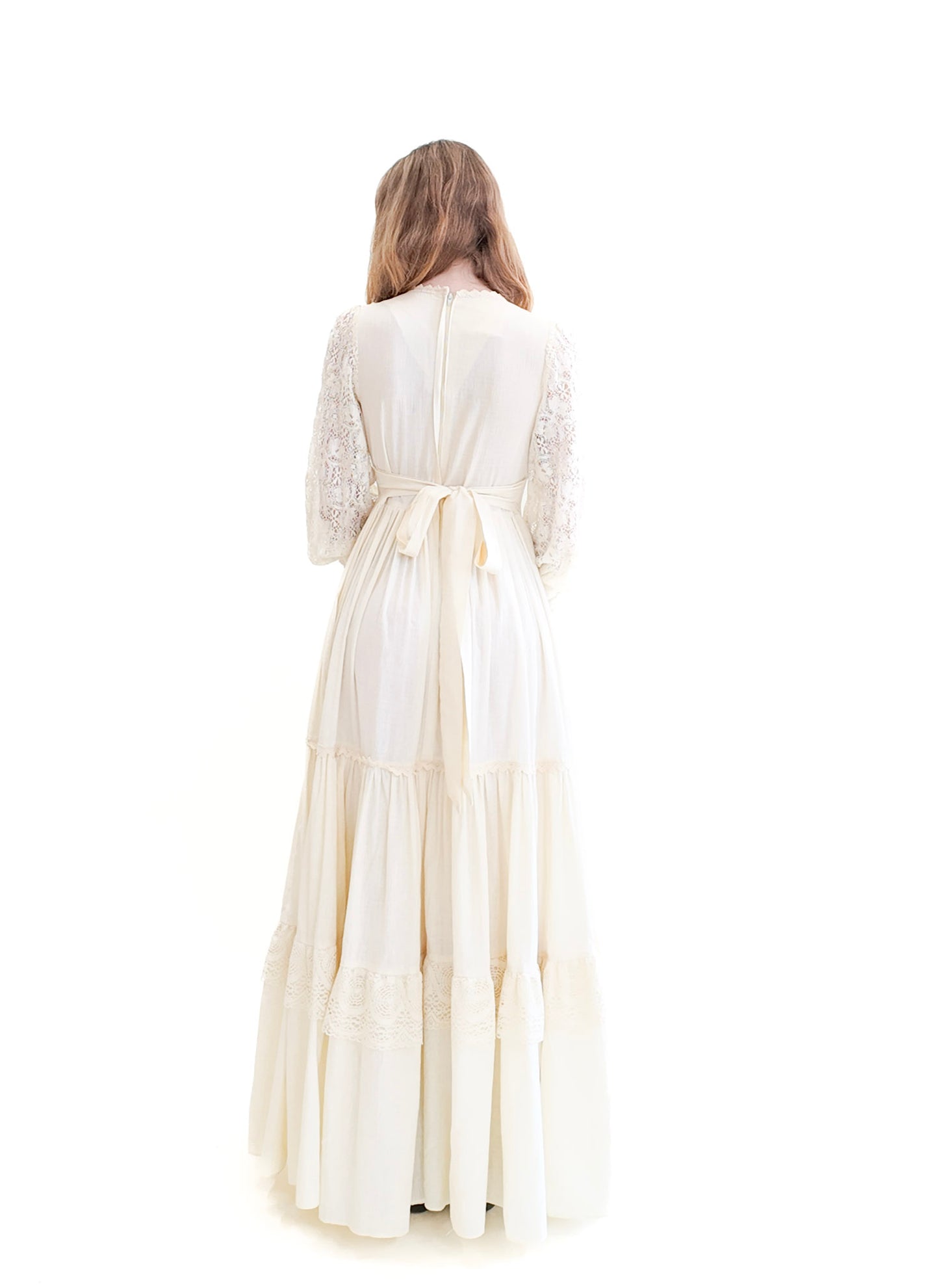 Vintage Gunne Sax White Corset Long Balloon Sleeve Dress with Lace