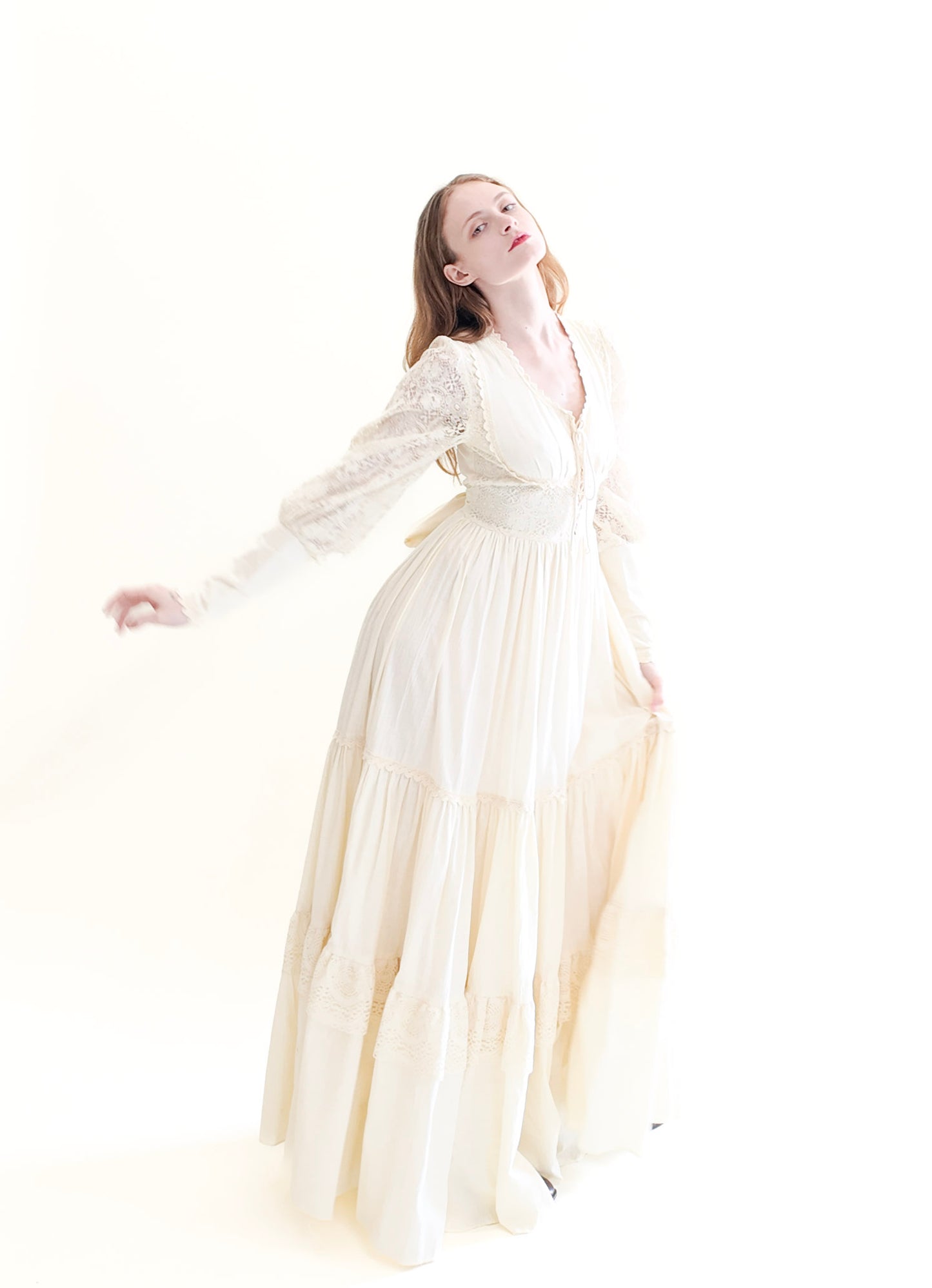 Vintage Gunne Sax White Corset Long Balloon Sleeve Dress with Lace