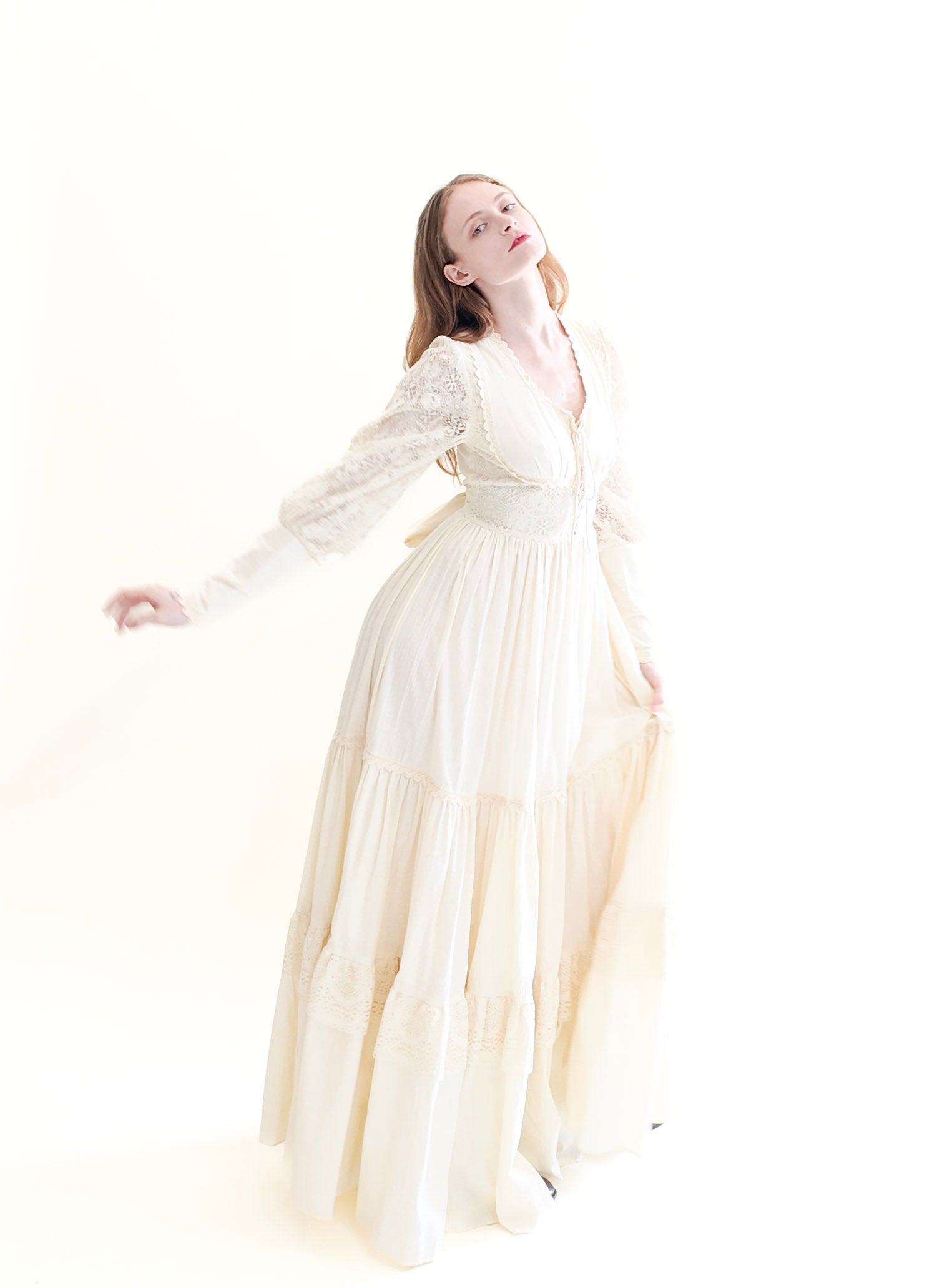 Vintage Gunne Sax White Corset Long Balloon Sleeve Dress with Lace - The Kit Vintage