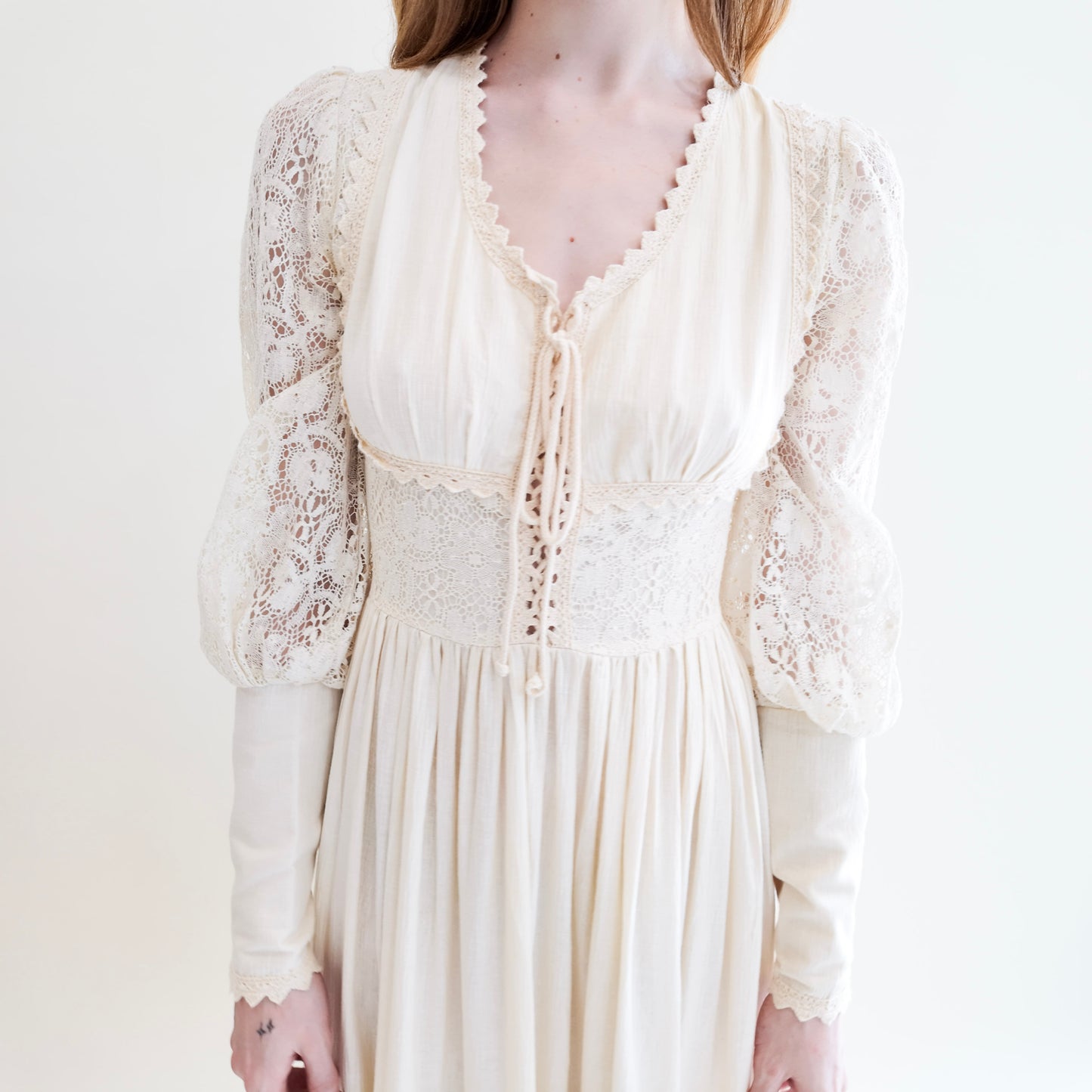 Vintage Gunne Sax White Corset Long Balloon Sleeve Dress with Lace