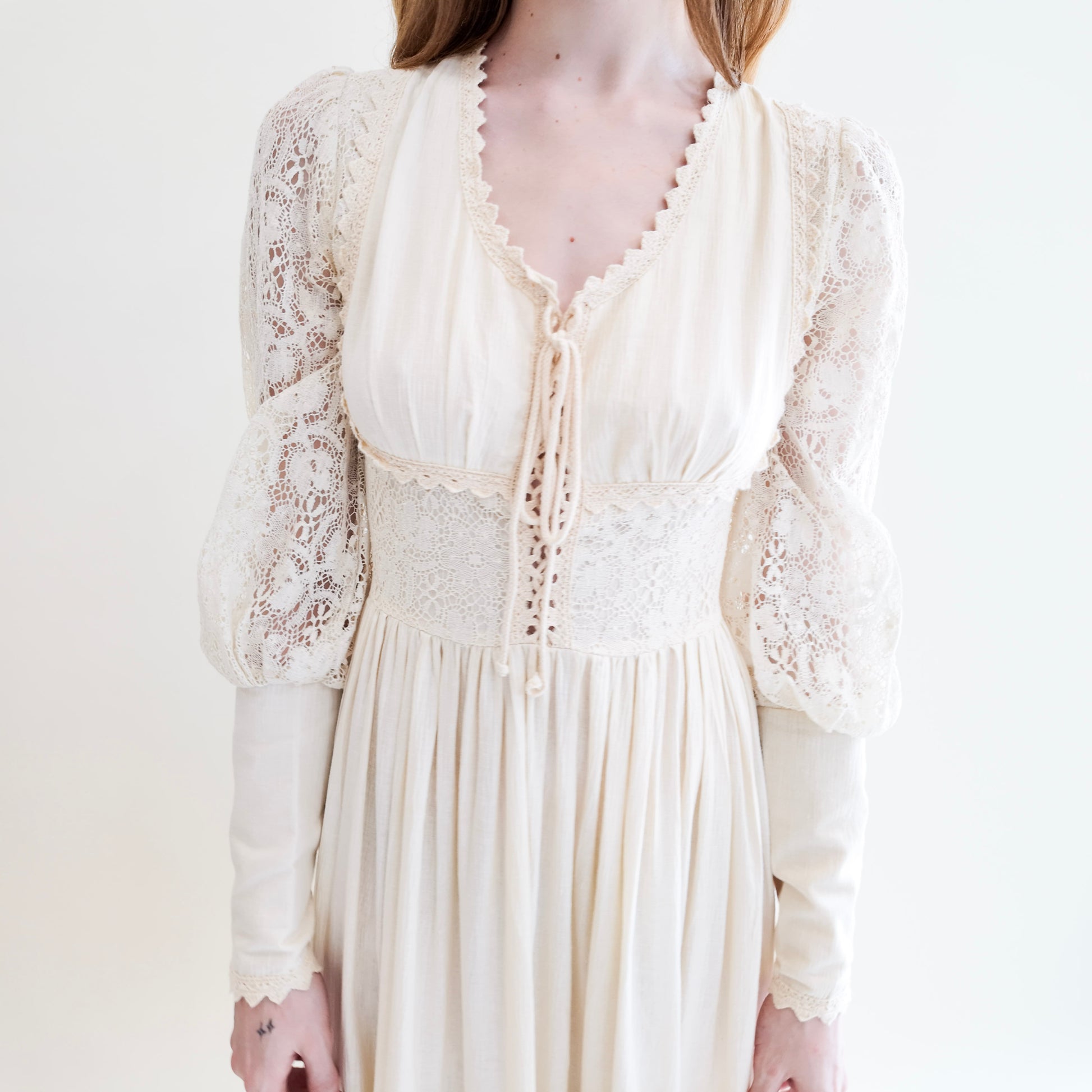 Vintage Gunne Sax White Corset Long Balloon Sleeve Dress with Lace - The Kit Vintage