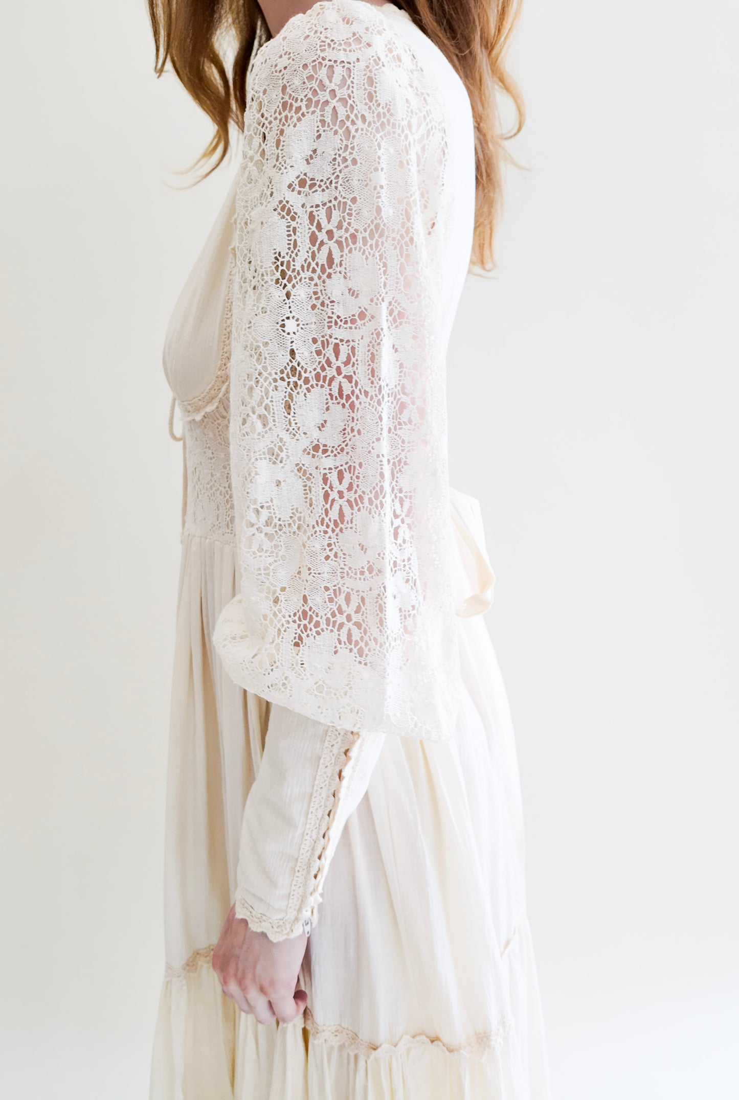 Vintage Gunne Sax White Corset Long Balloon Sleeve Dress with Lace
