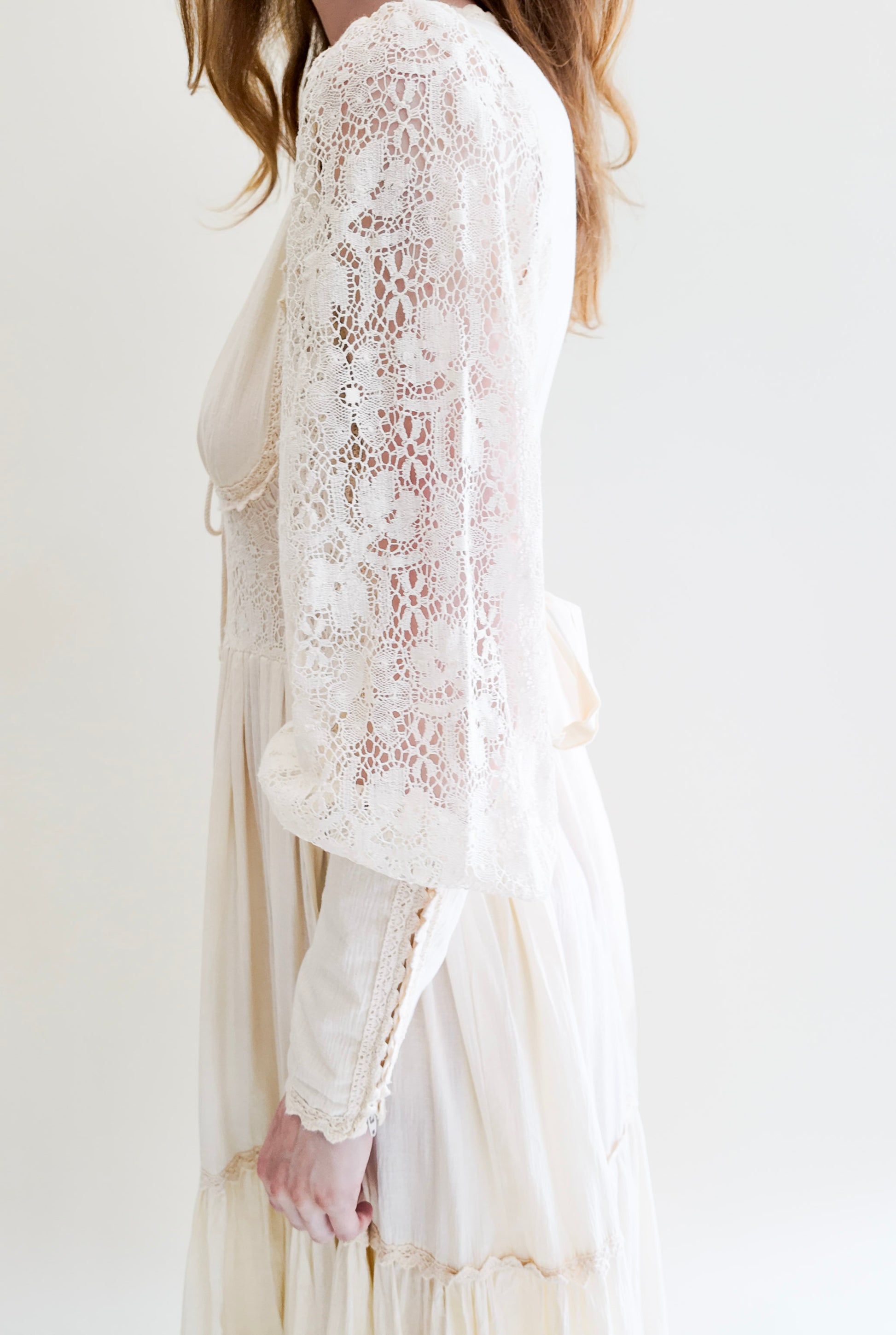 Vintage Gunne Sax White Corset Long Balloon Sleeve Dress with Lace - The Kit Vintage