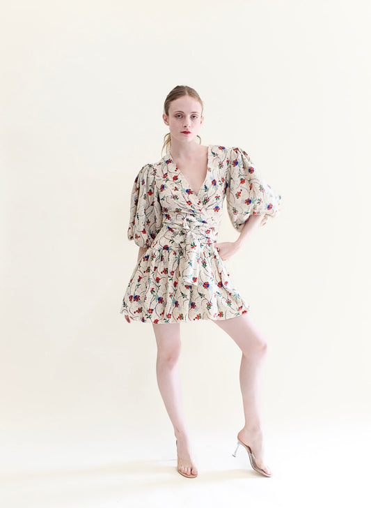 Oscar De La Renta Beige Floral Print Belted Mini Dress - The Kit Vintage