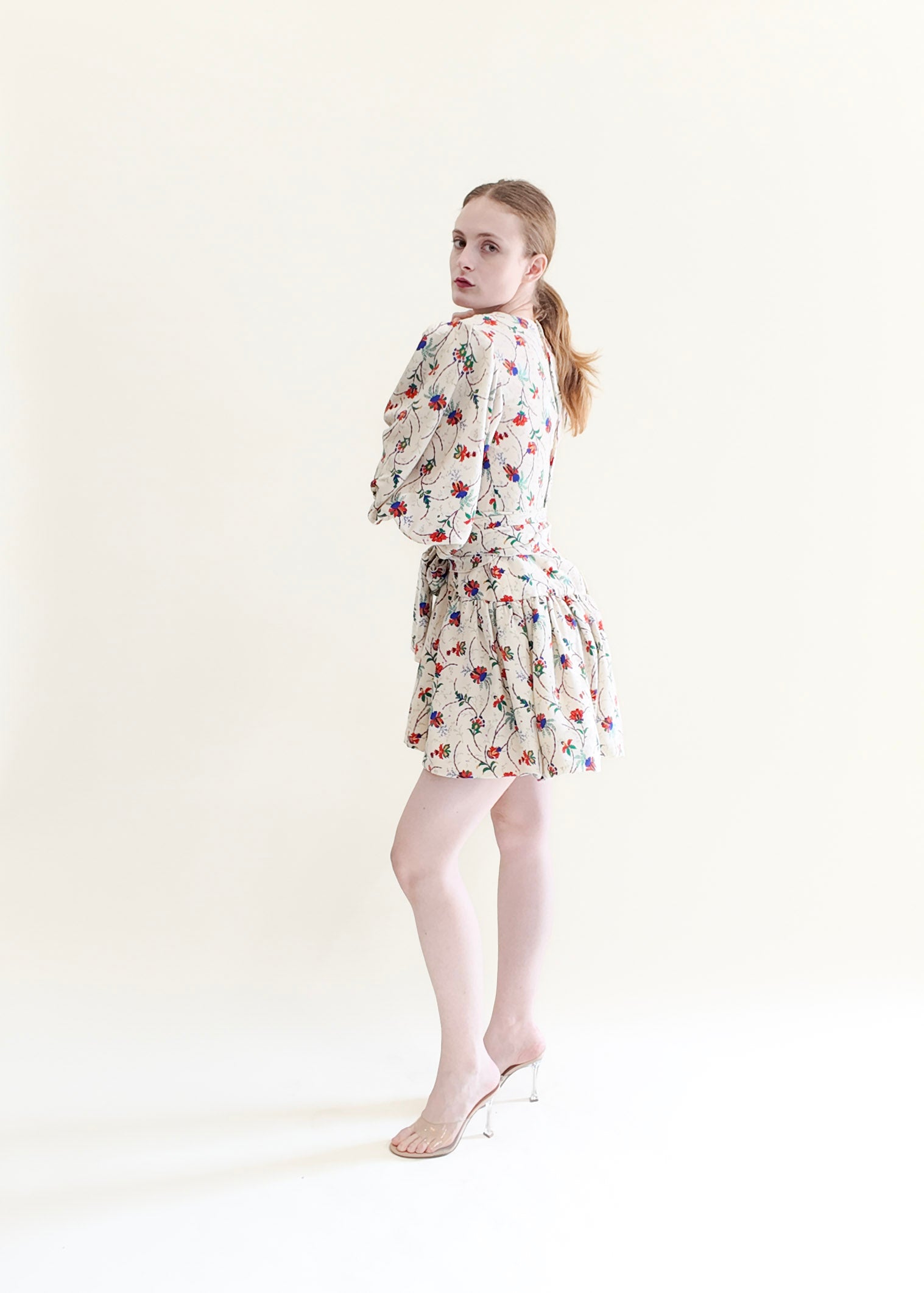 Oscar De La Renta Beige Floral Print Belted Mini Dress - The Kit Vintage