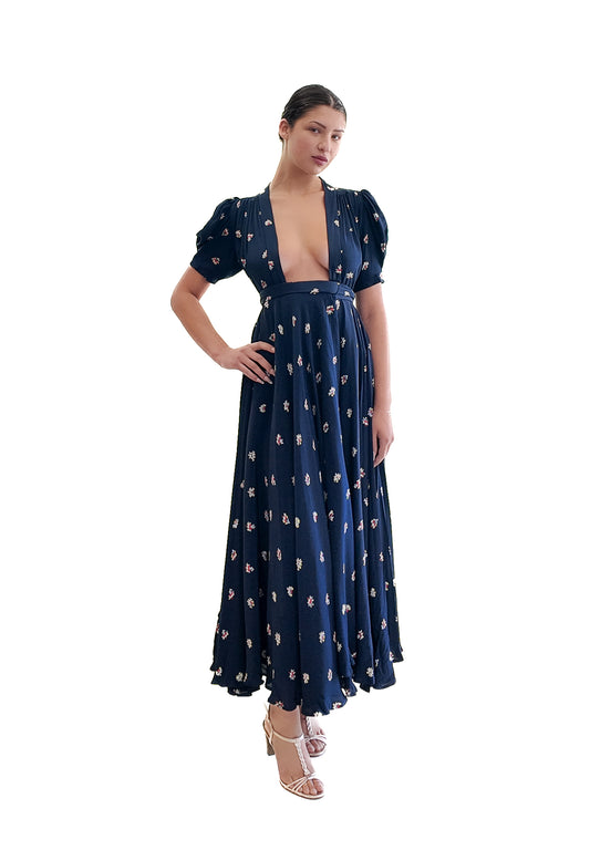 Ossie Clark 1969 "Bridget" Dress, Navy Wrap Dress Low Neckline - The Kit Vintage