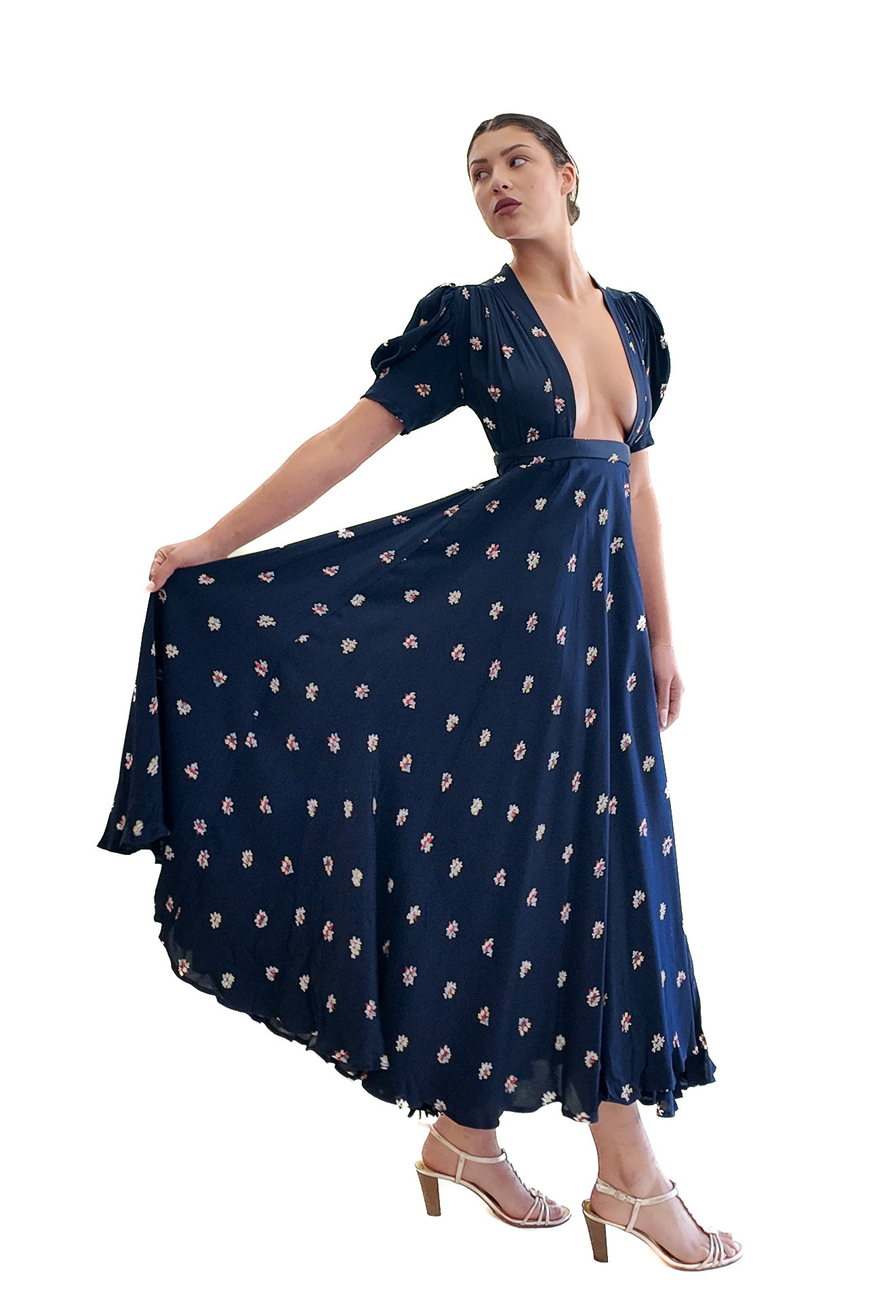 Ossie Clark 1969 "Bridget" Dress, Navy Wrap Dress Low Neckline - The Kit Vintage