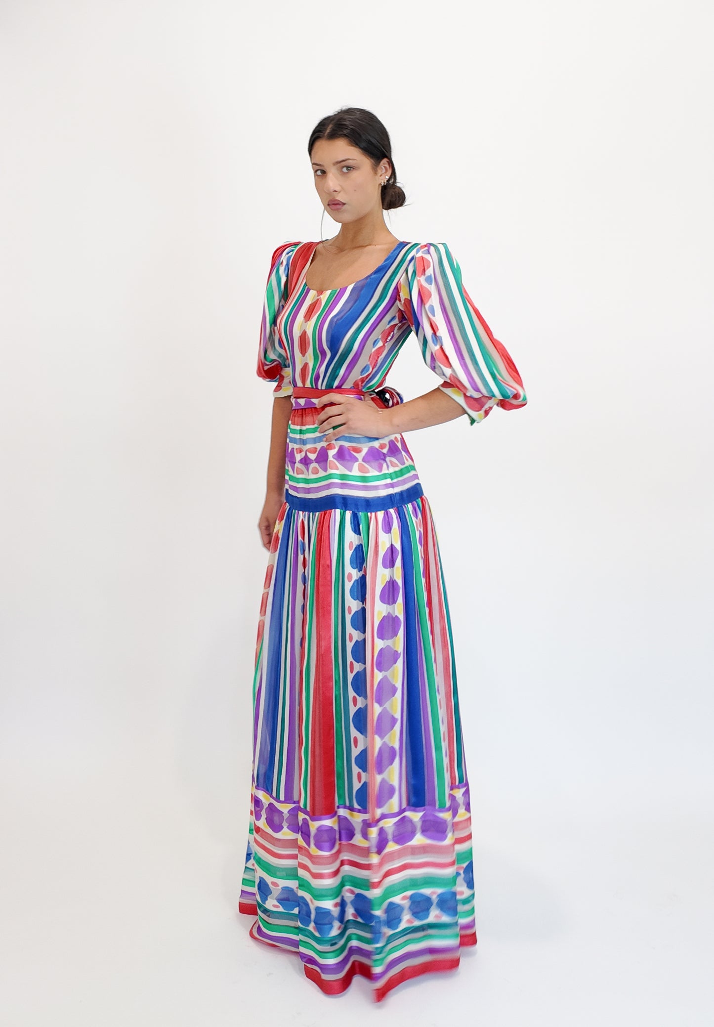 Silk Printed Stripe & Polka Dot Belted Dress - The Kit Vintage