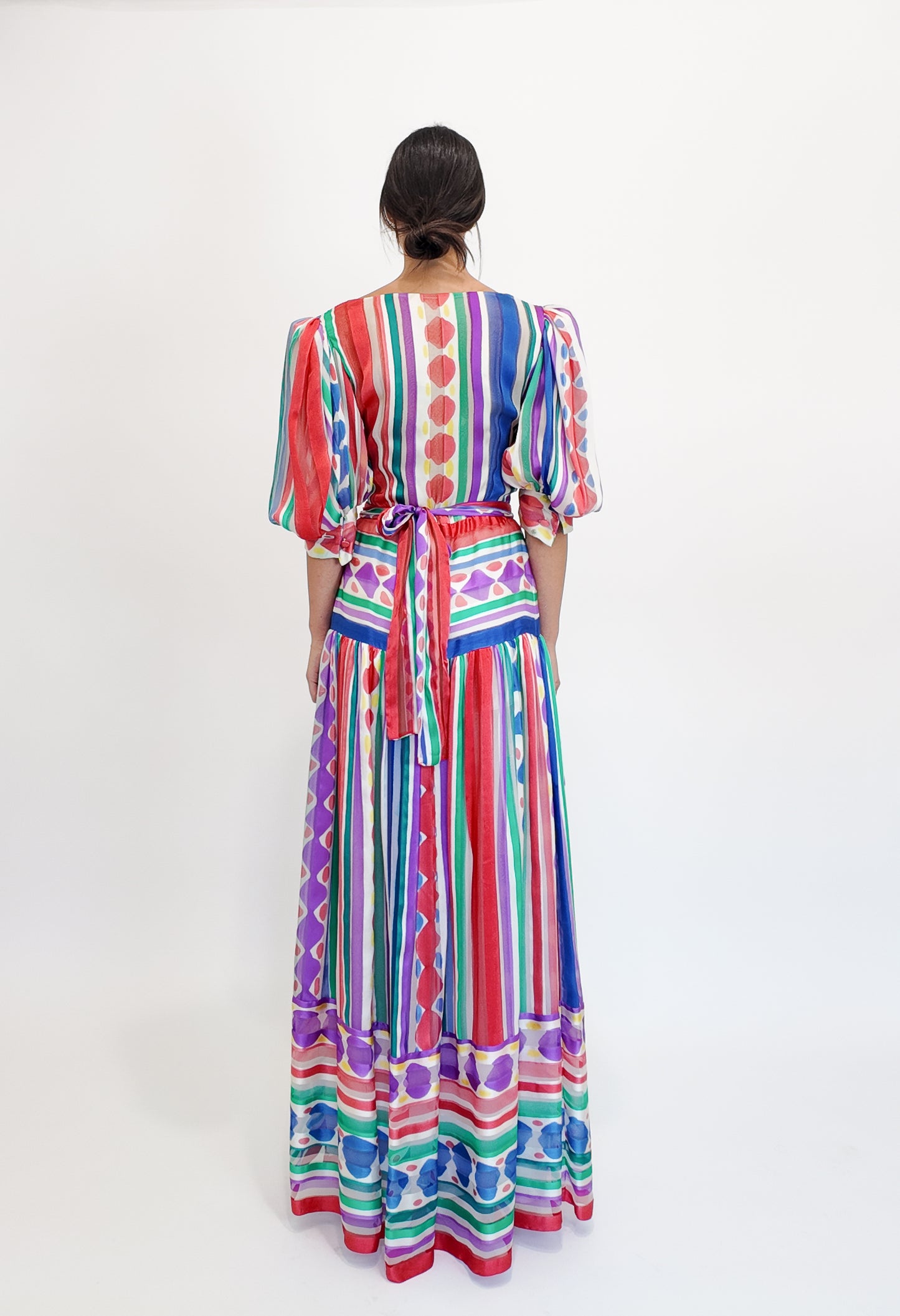 Silk Printed Stripe & Polka Dot Belted Dress - The Kit Vintage