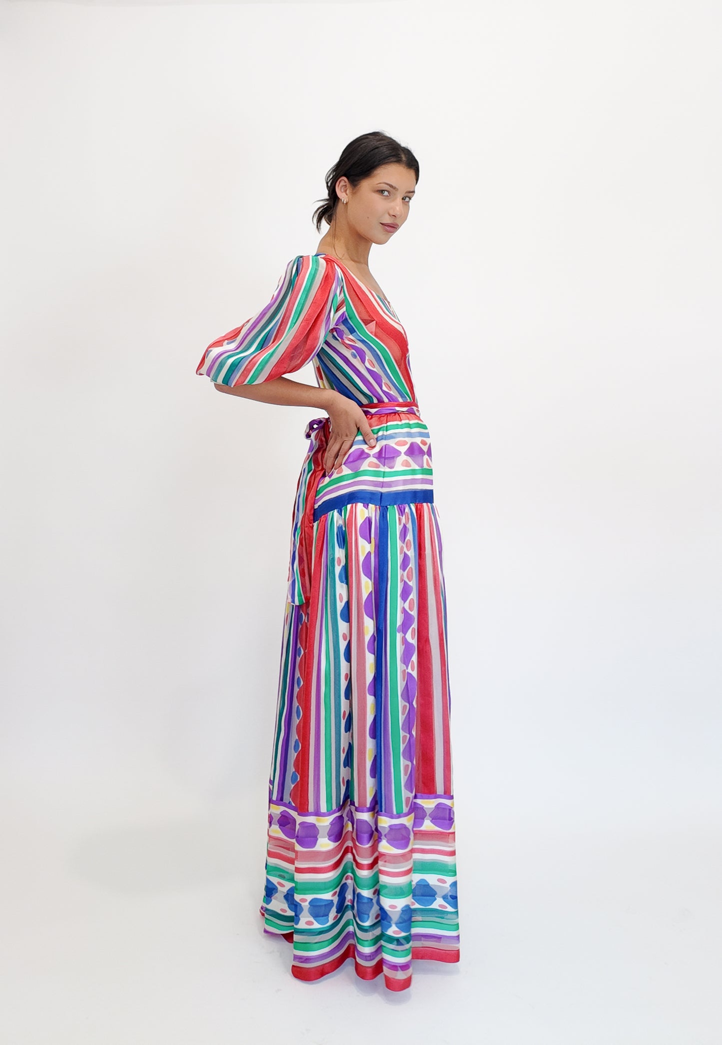 Silk Printed Stripe & Polka Dot Belted Dress - The Kit Vintage