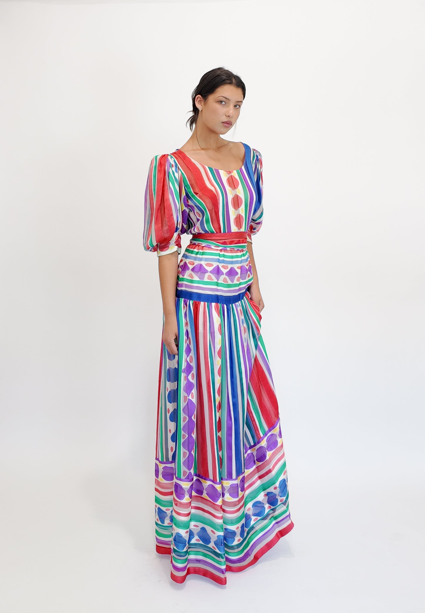 Silk Printed Stripe & Polka Dot Belted Dress - The Kit Vintage