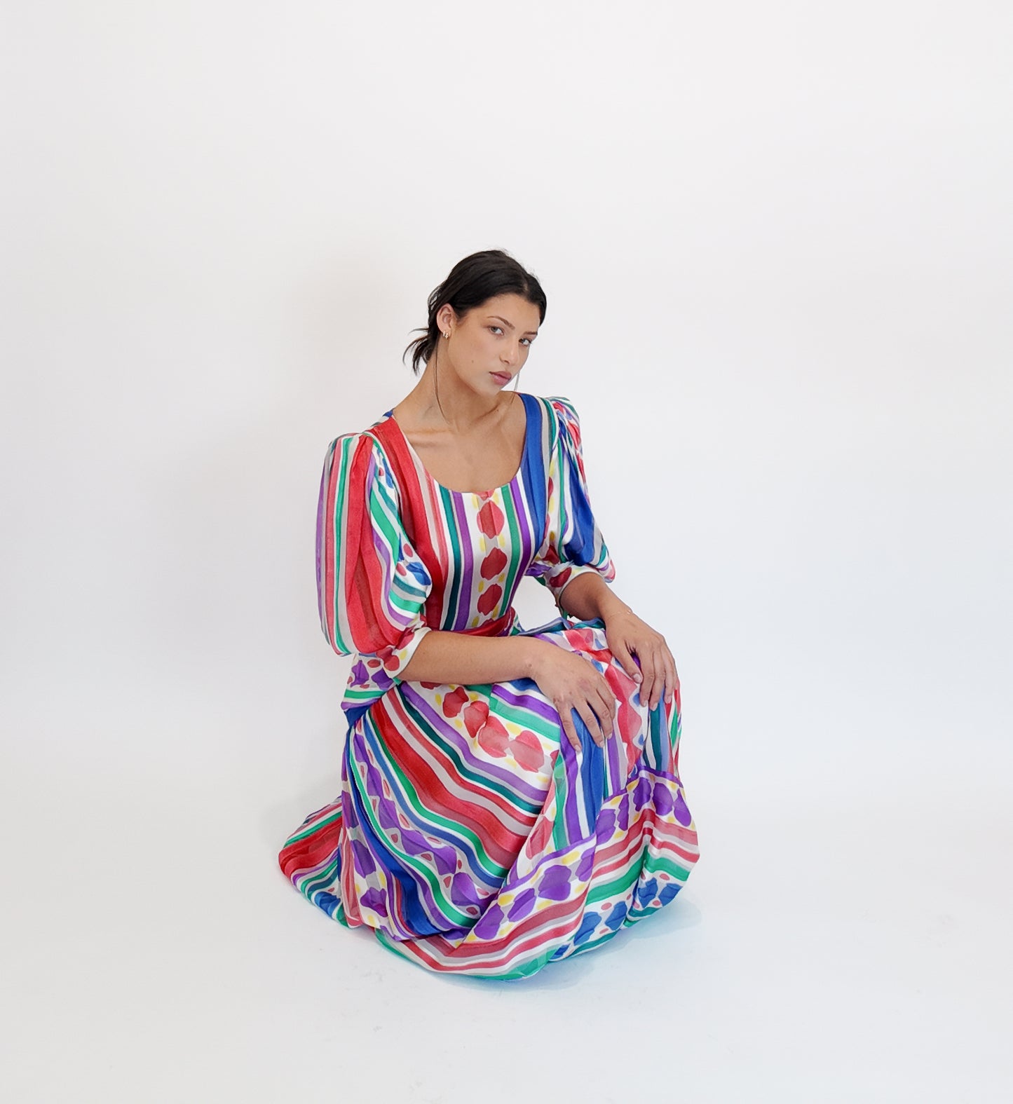 Silk Printed Stripe & Polka Dot Belted Dress - The Kit Vintage