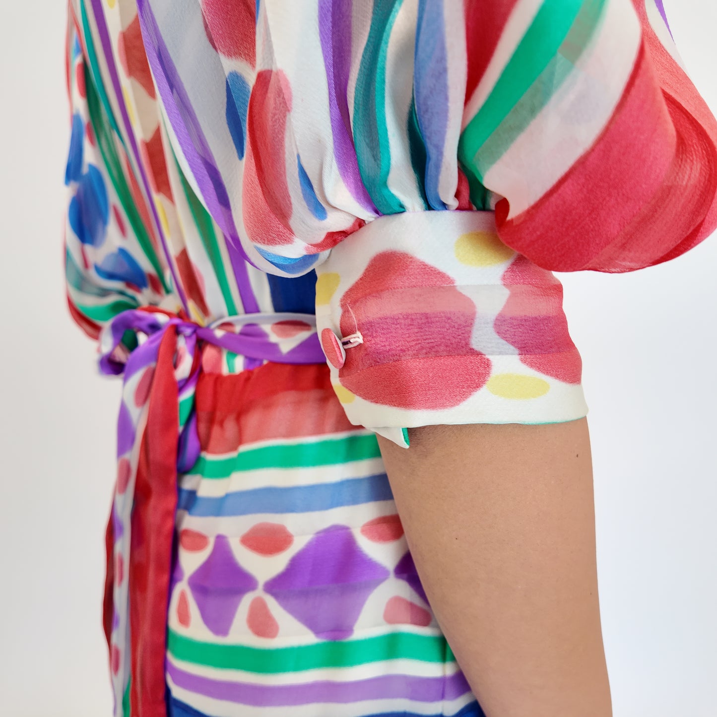 Silk Printed Stripe & Polka Dot Belted Dress - The Kit Vintage