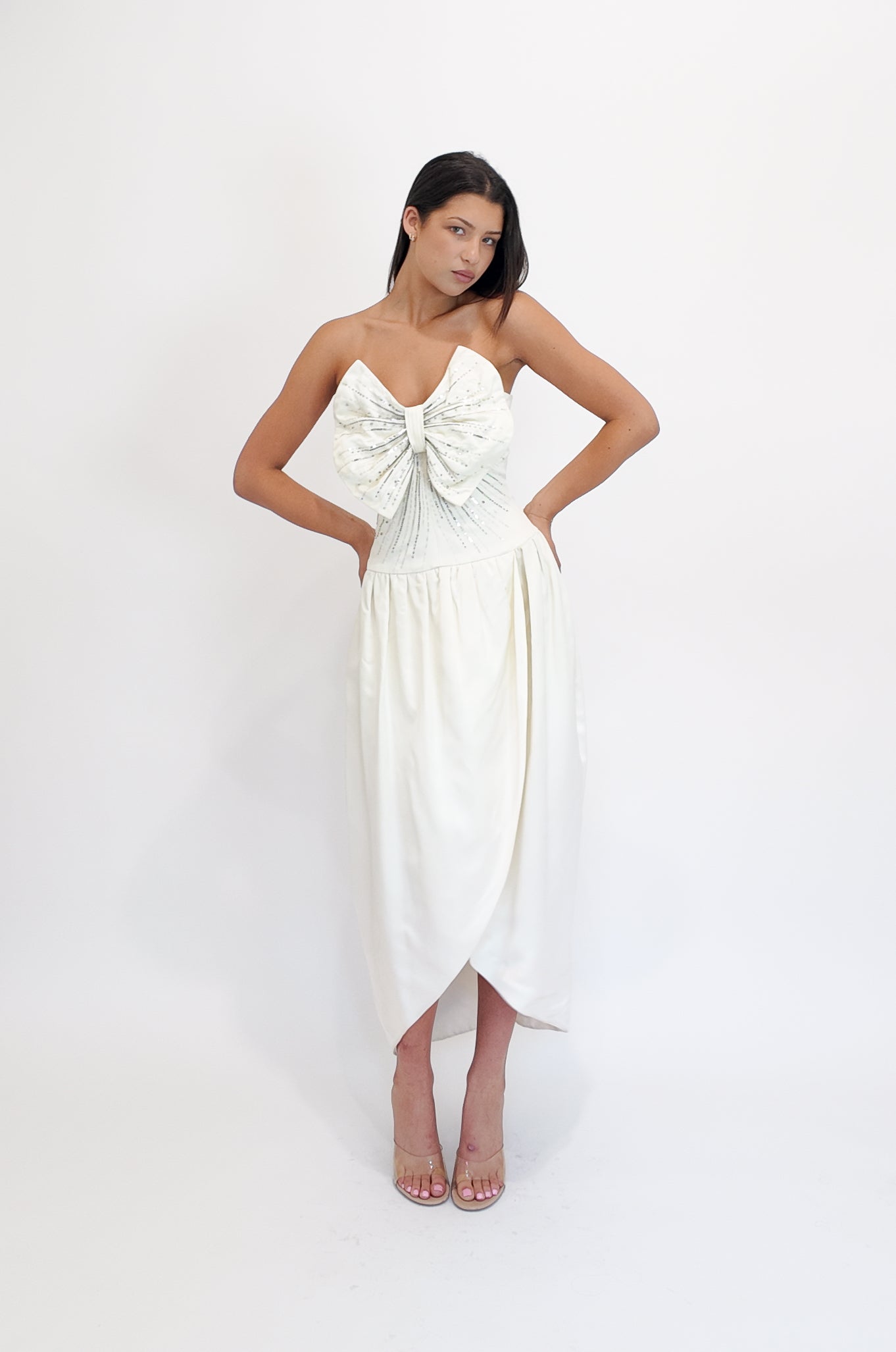 Nina Ricci White Silk Dress with Front Bow - The Kit Vintage