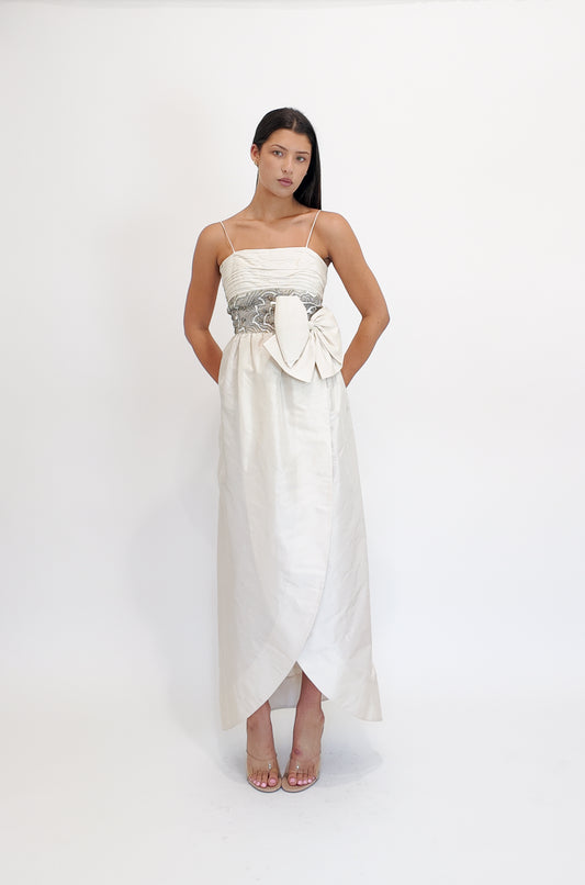 Victoria Royal Ivory Tulip Style Beaded Bodice Dress With Bow Detail