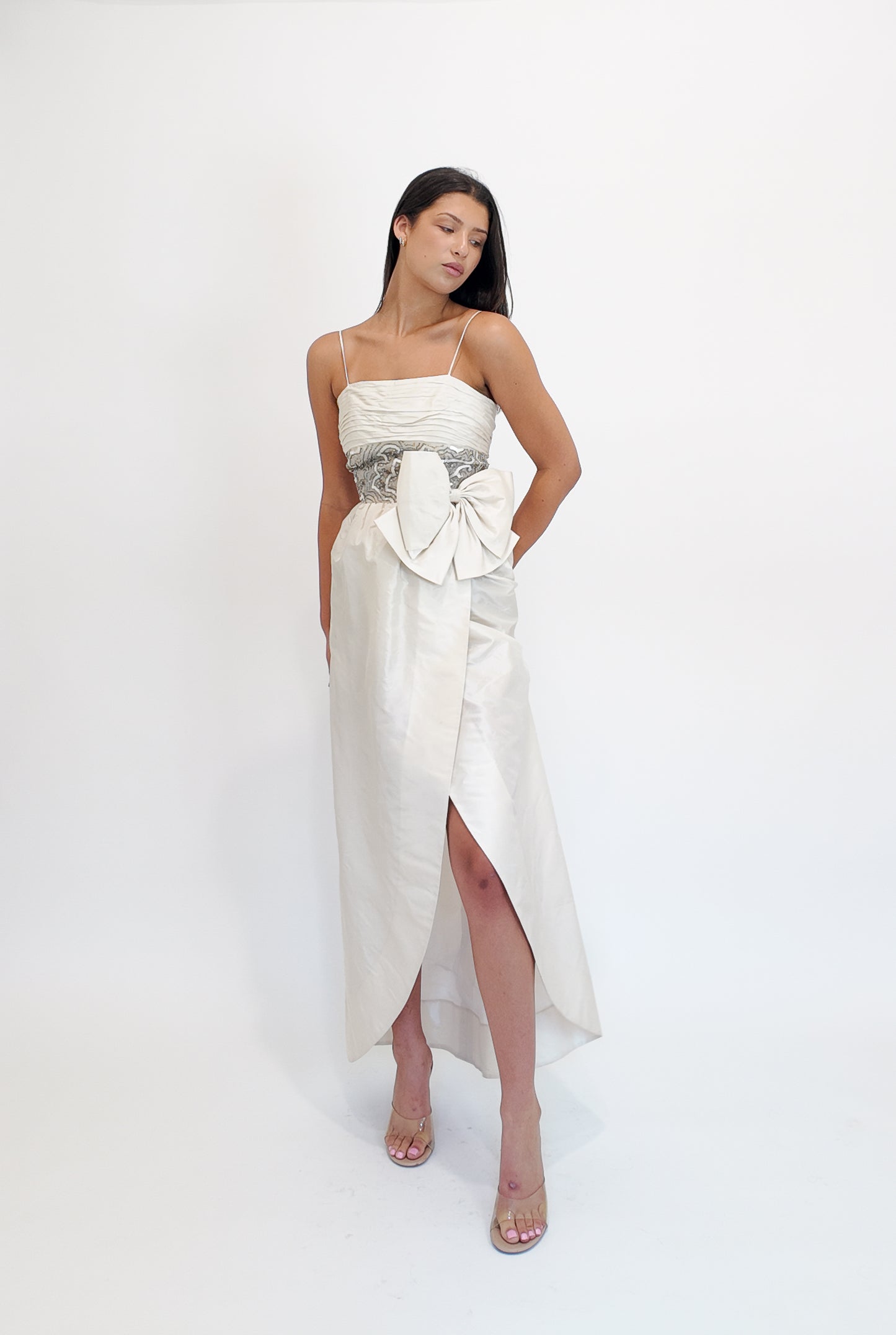 Victoria Royal Ivory Tulip Style Beaded Bodice Dress With Bow Detail