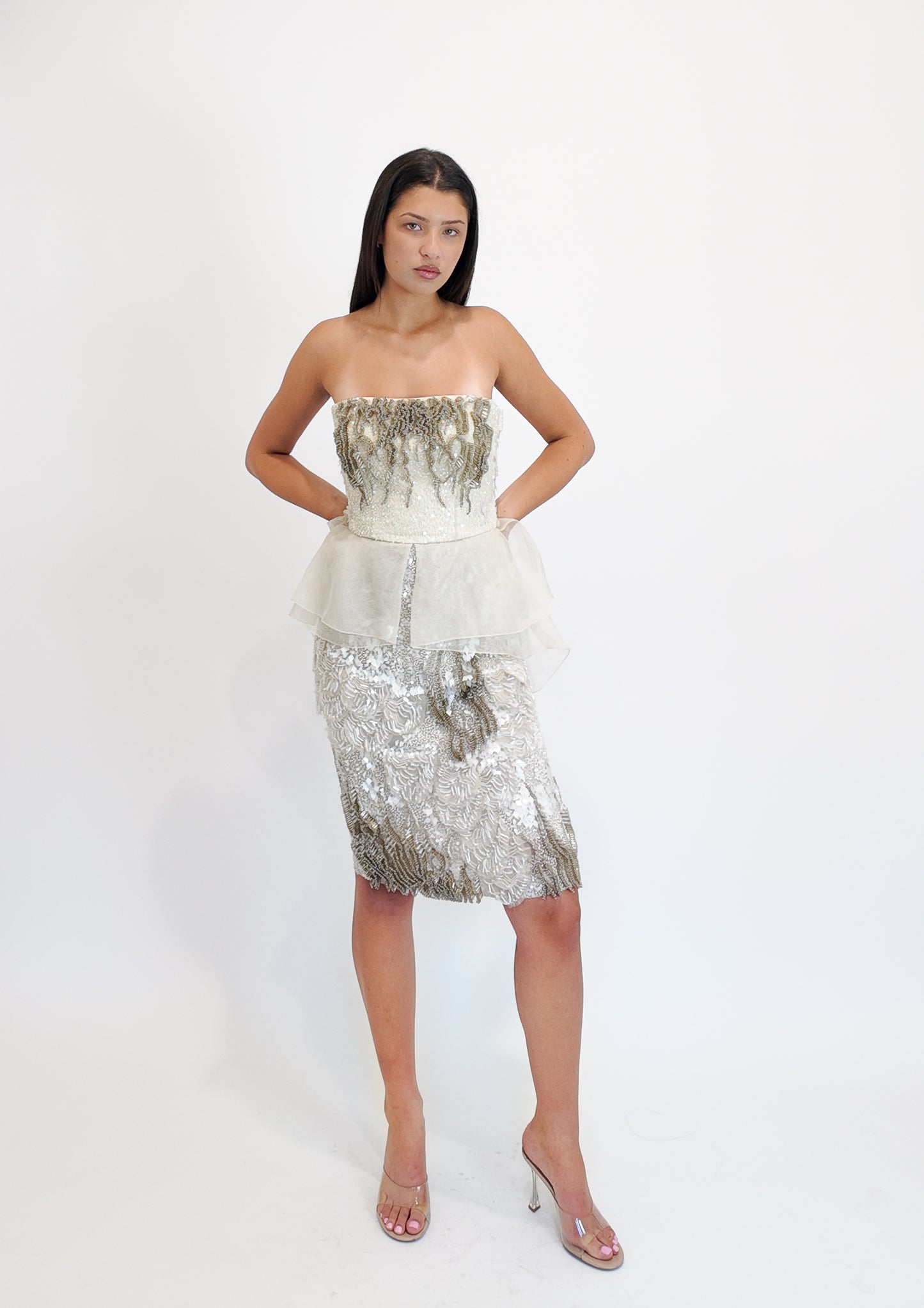 Alberta Ferretti S/S 2013 White Beaded Cocktail Peplum Dress - The Kit Vintage
