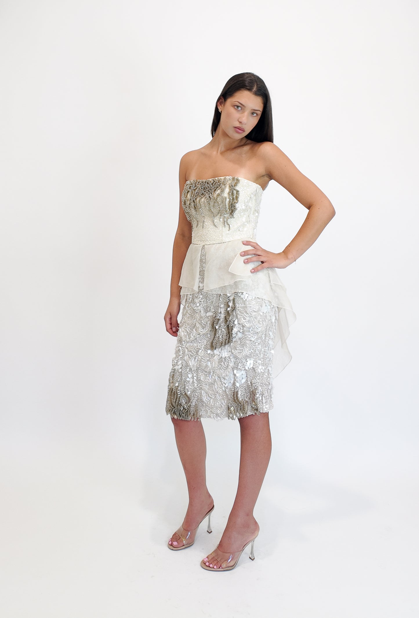 Alberta Ferretti S/S 2013 White Beaded Cocktail Peplum Dress - The Kit Vintage
