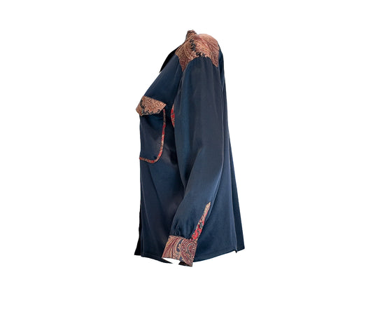 Escada Navy Blue Silk Blouse with Paisley Print and Double Pockets