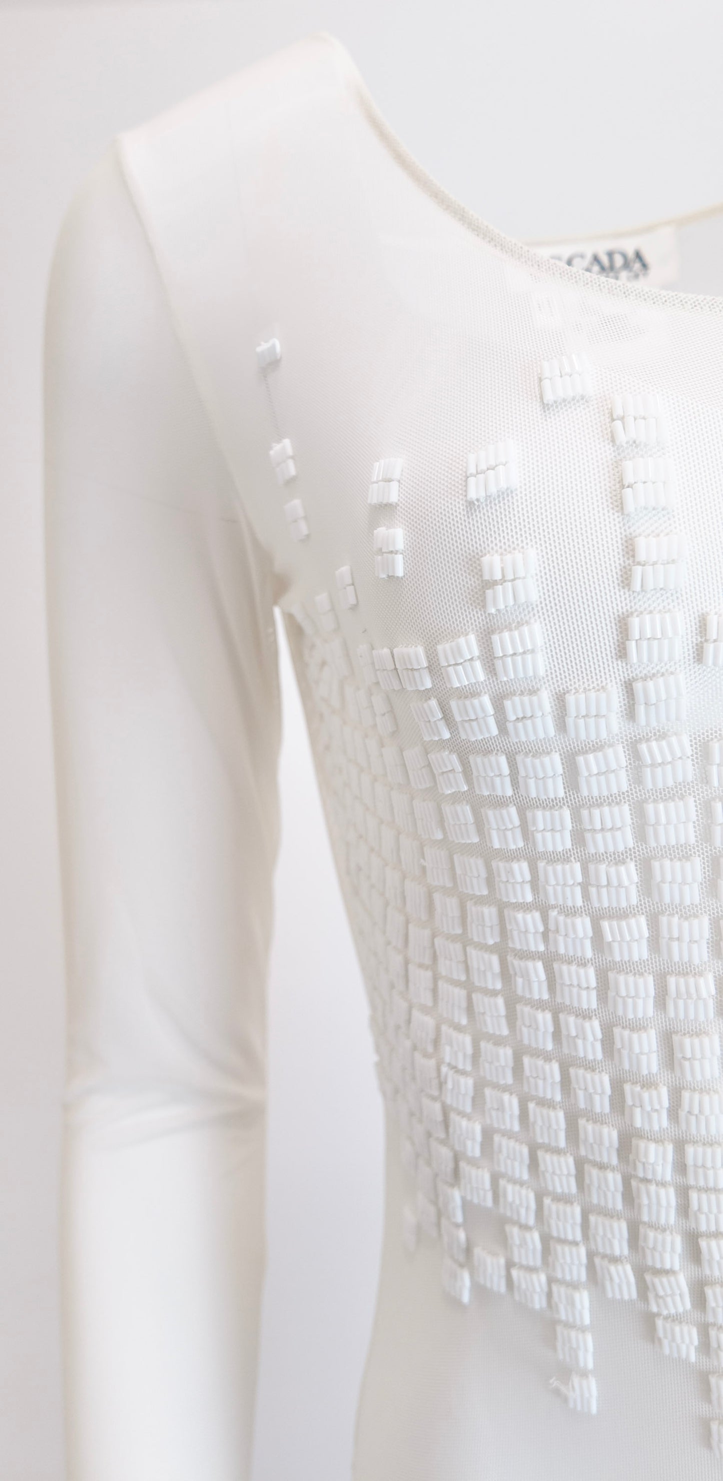 Escada White Sheer Mesh Beaded Bodysuit