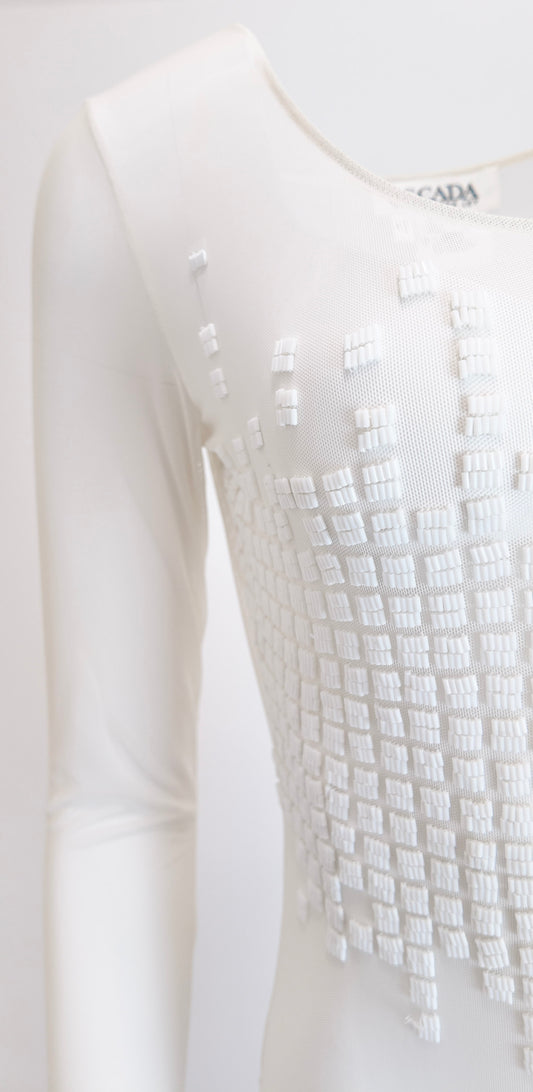 Escada White Sheer Mesh Beaded Bodysuit