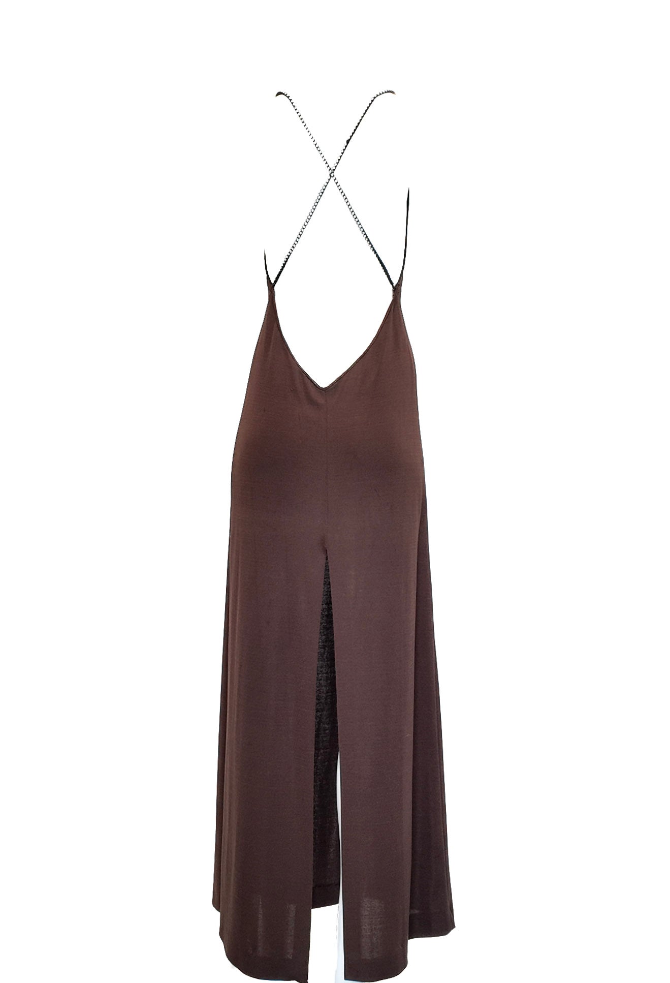 1970's Chocolate Brown Jersey Plunging Back Rhinestone Crossback Dress