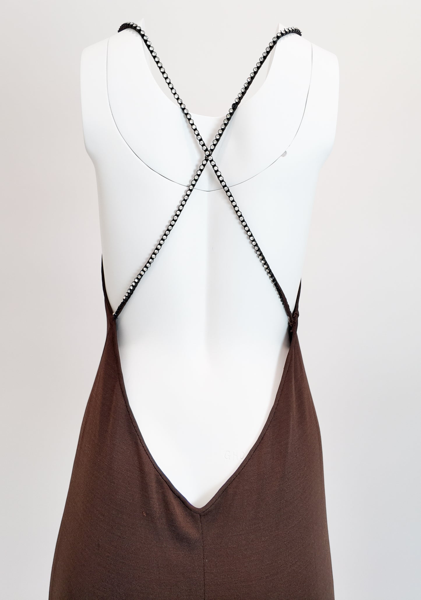 1970's Chocolate Brown Jersey Plunging Back Rhinestone Crossback Dress