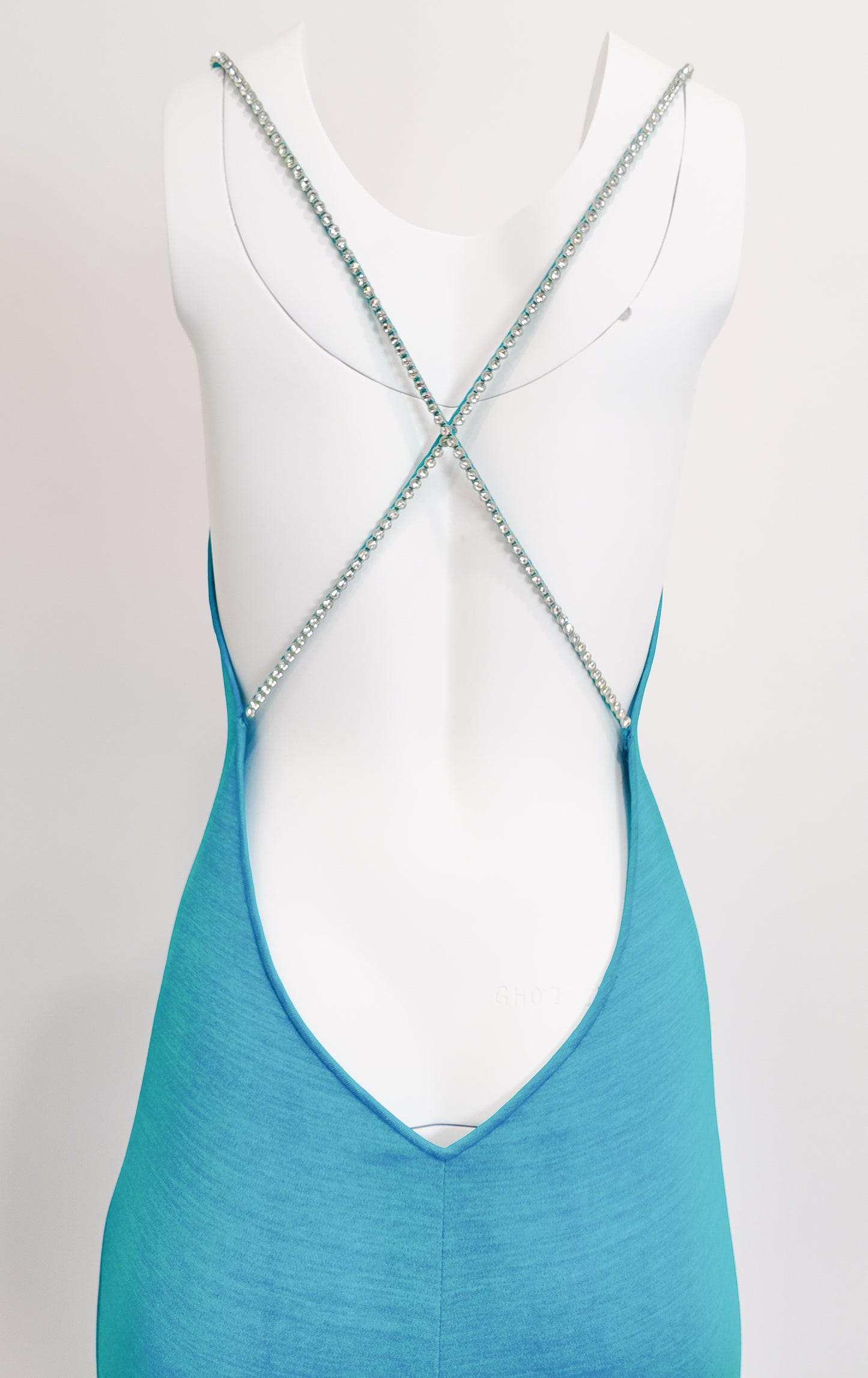 1970s Plunging Back Turquoise Jersey Rhinestone Strap Dress