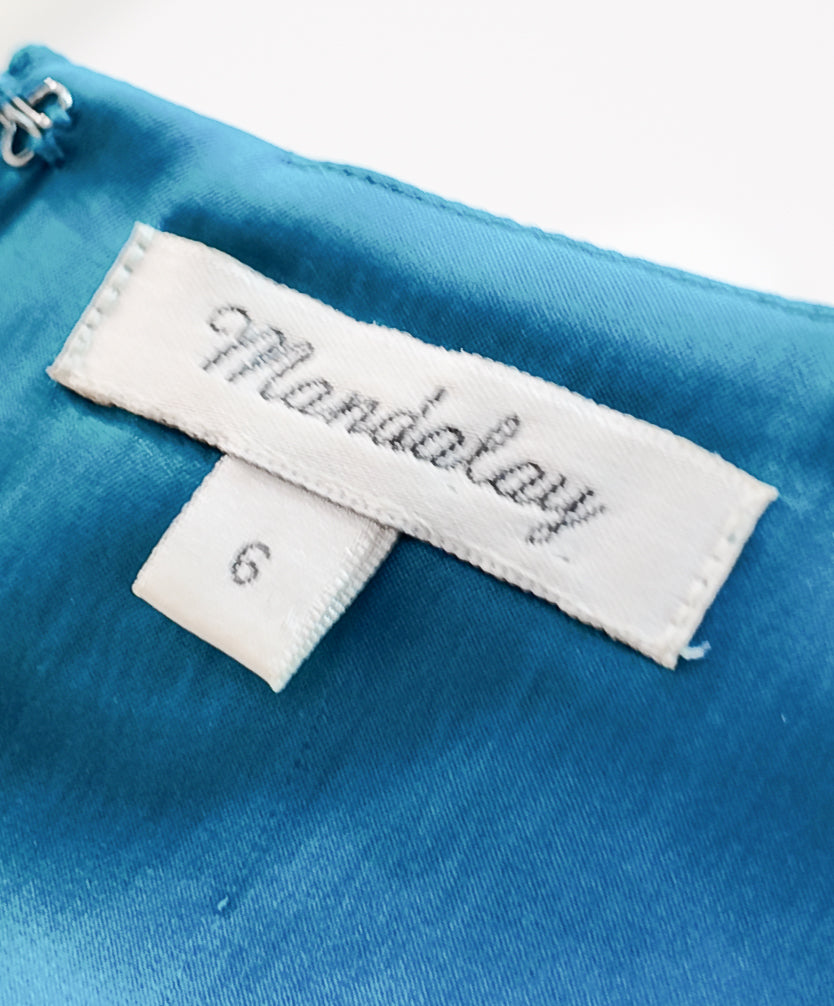 Mandalay 2004 Satin Turquoise Embroidered Midi Cocktail Dress