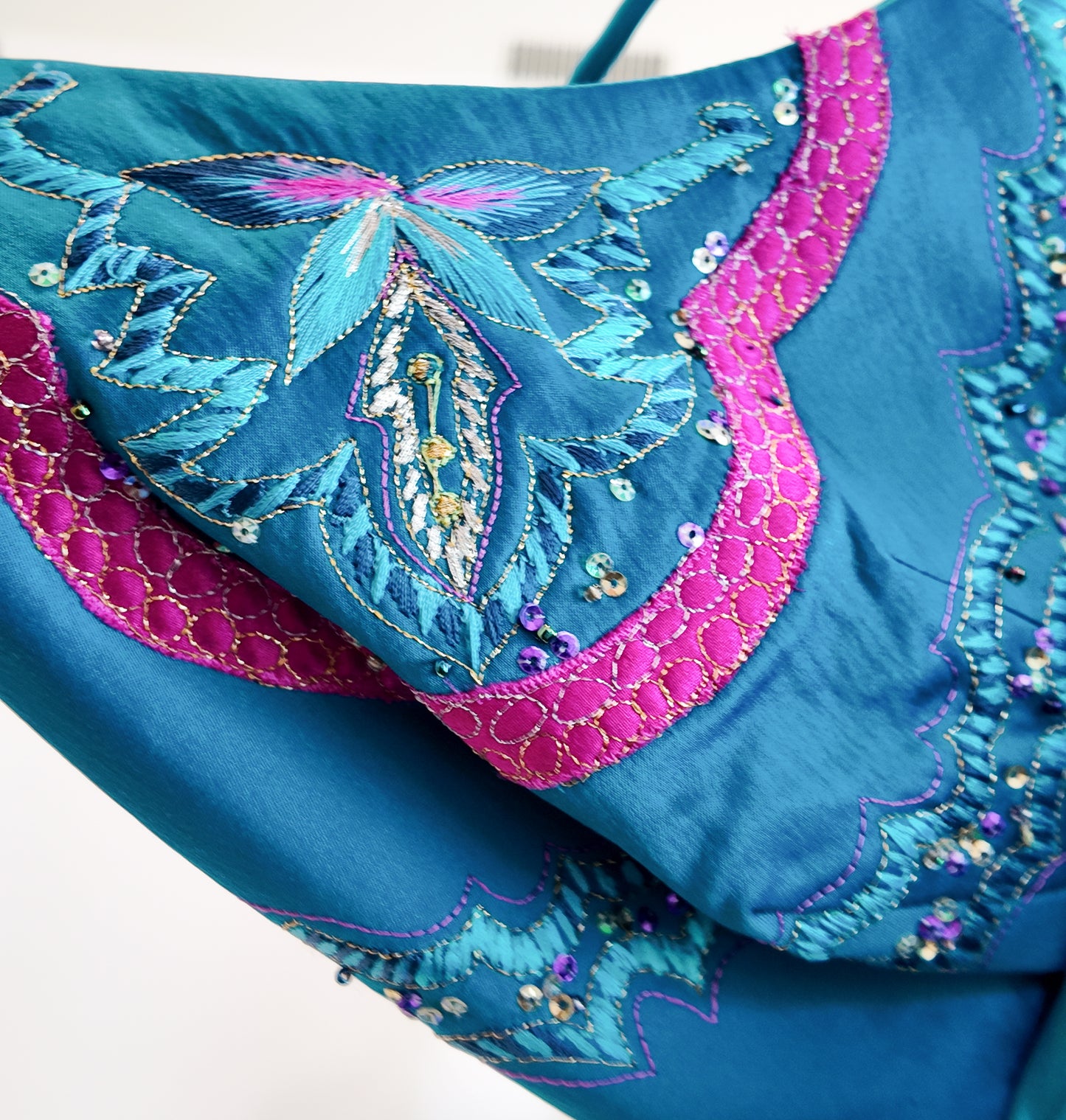 Mandalay 2004 Satin Turquoise Embroidered Midi Cocktail Dress