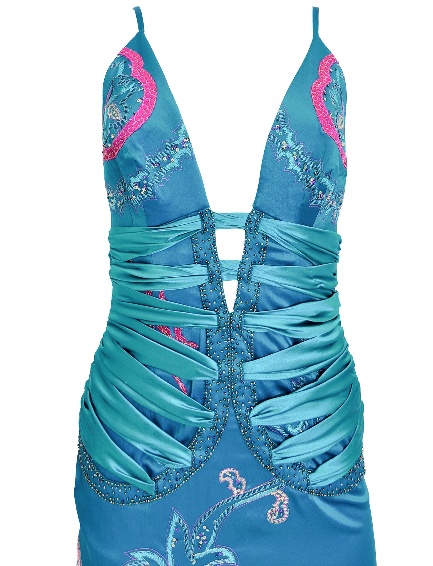 Mandalay 2004 Satin Turquoise Embroidered Midi Cocktail Dress
