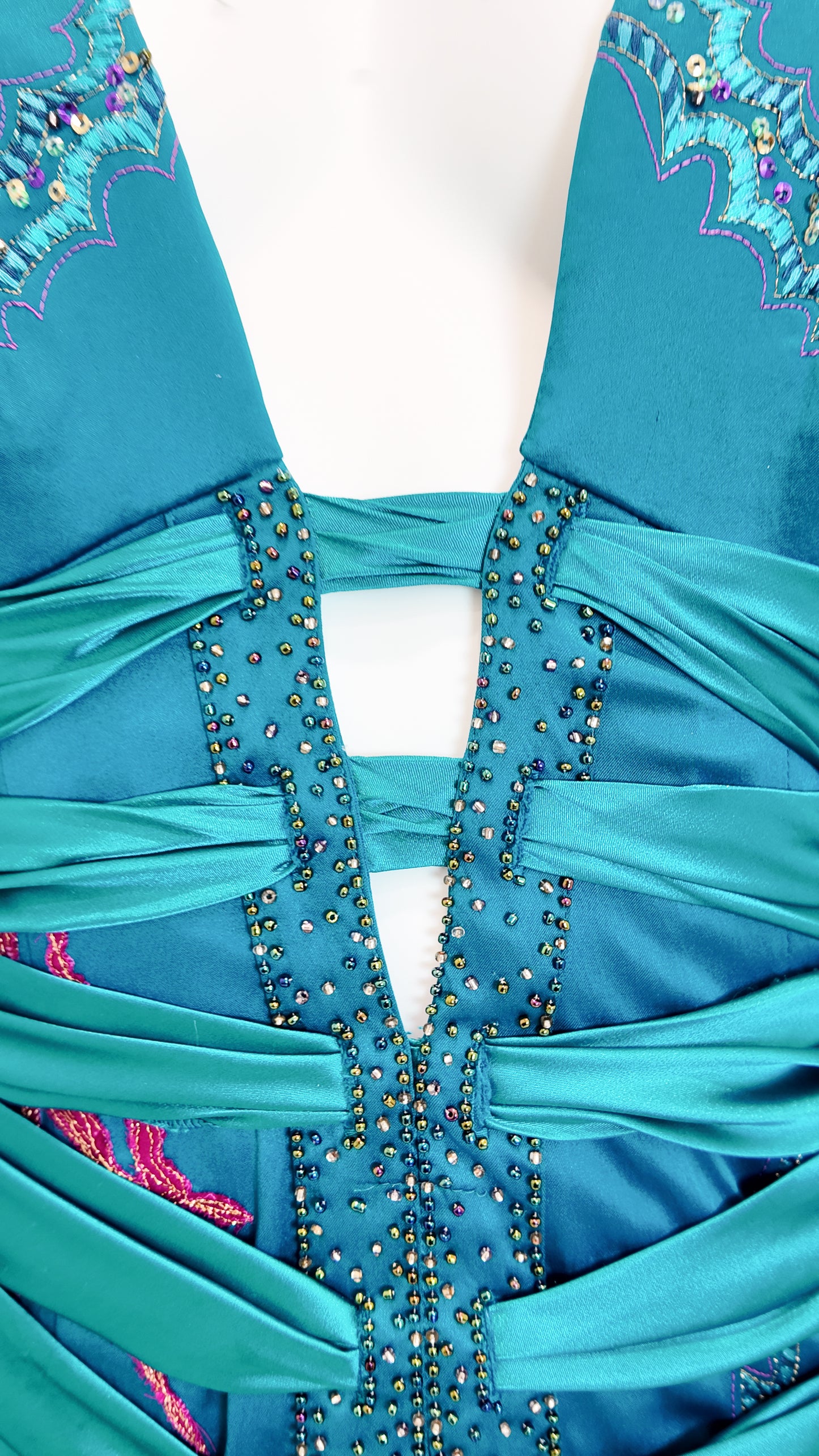 Mandalay 2004 Satin Turquoise Embroidered Midi Cocktail Dress