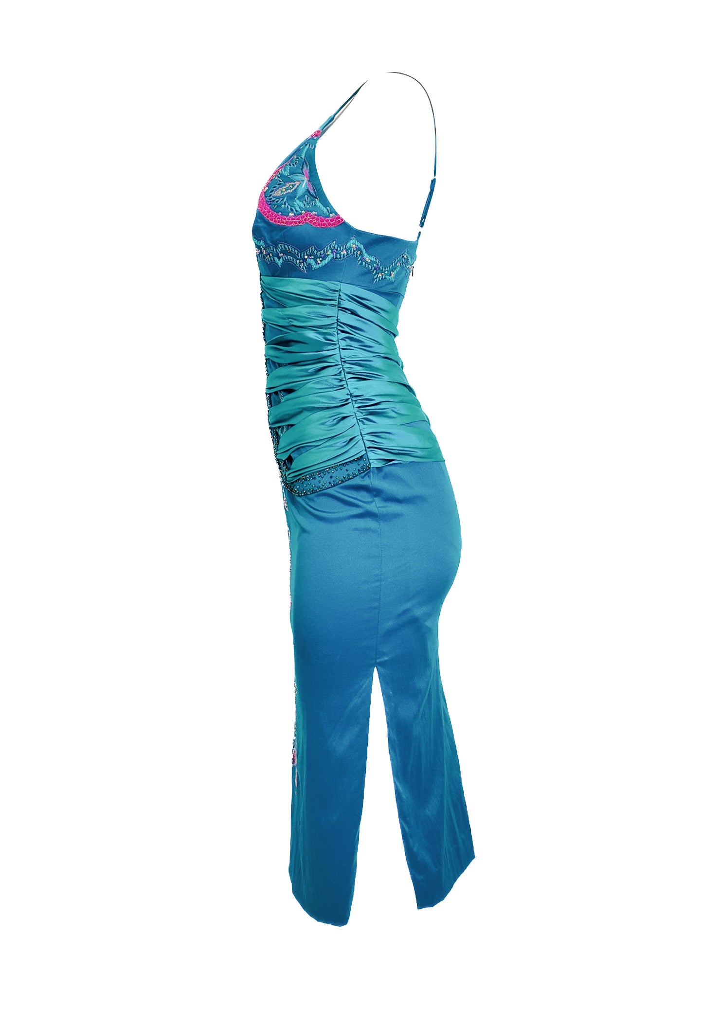 Mandalay 2004 Satin Turquoise Embroidered Midi Cocktail Dress