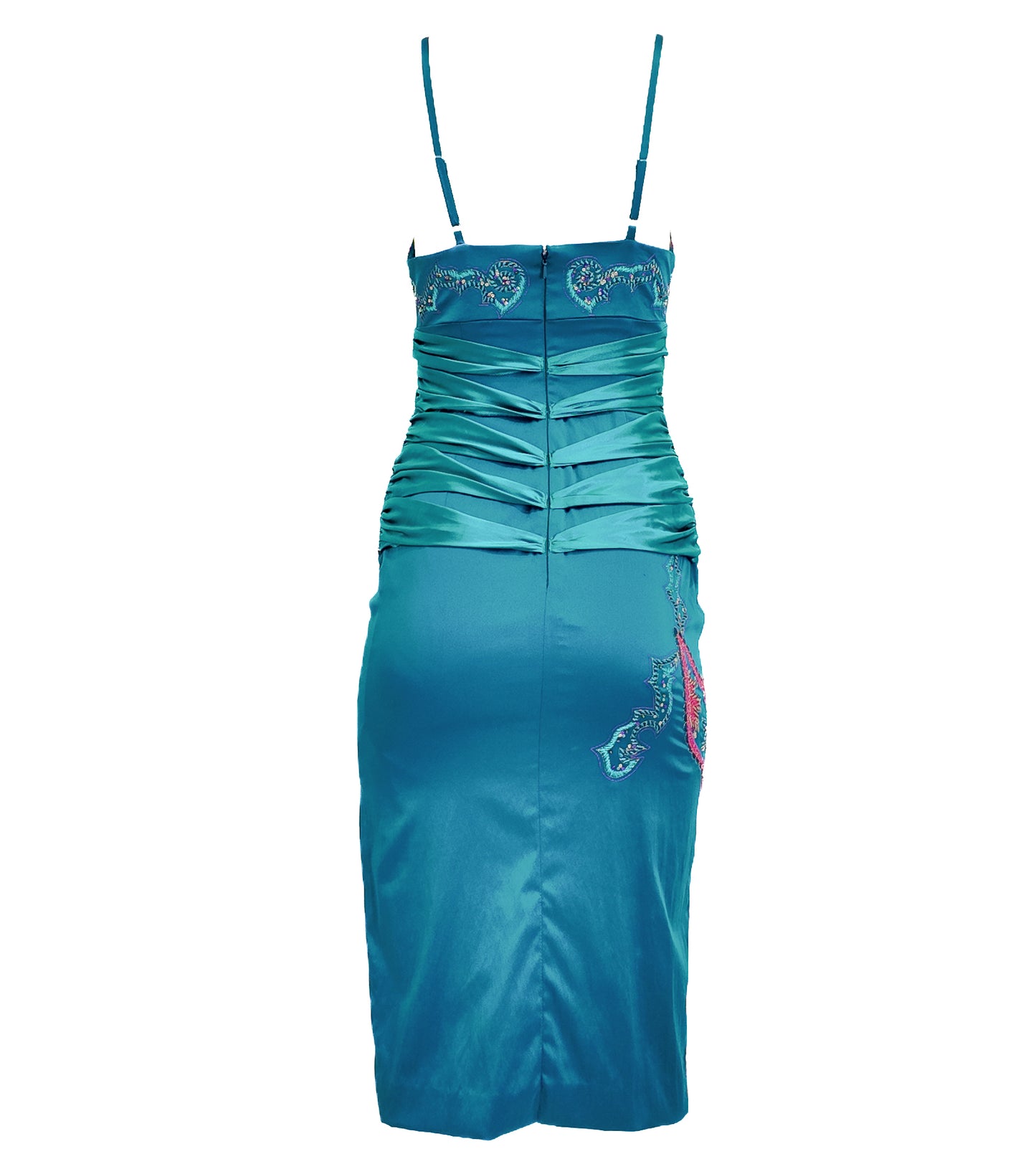 Mandalay 2004 Satin Turquoise Embroidered Midi Cocktail Dress