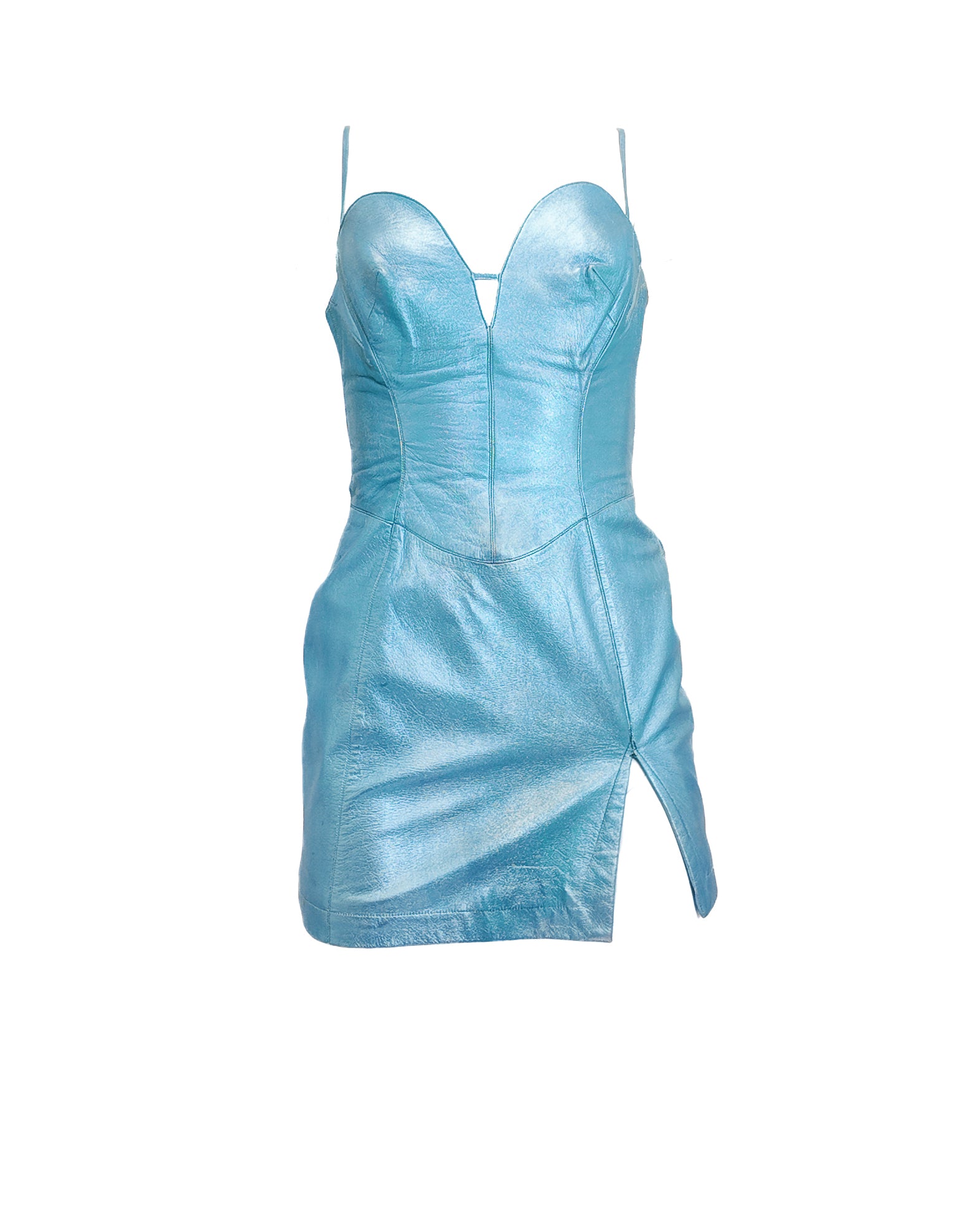 Thierry Mugler Couture 1980s Light blue leather mini dress on a white background