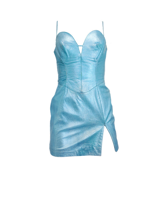 Thierry Mugler Couture 1980s Light blue leather mini dress on a white background