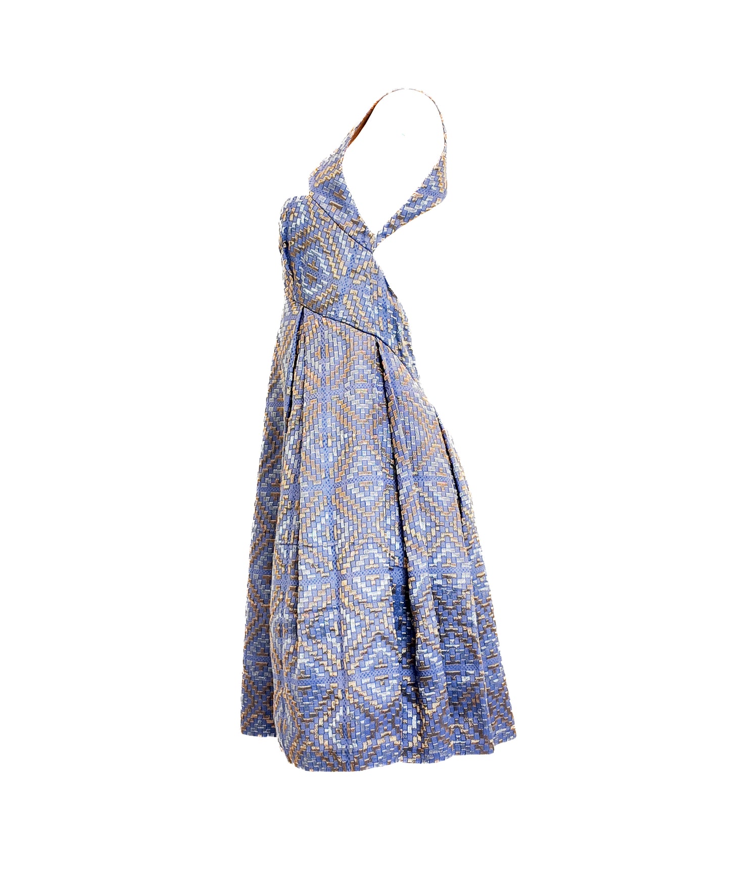 Blue patterned dress on a white background