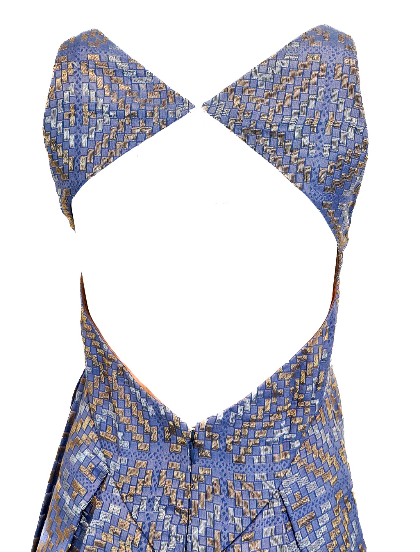 Blue and gold patterned dress back on a white background